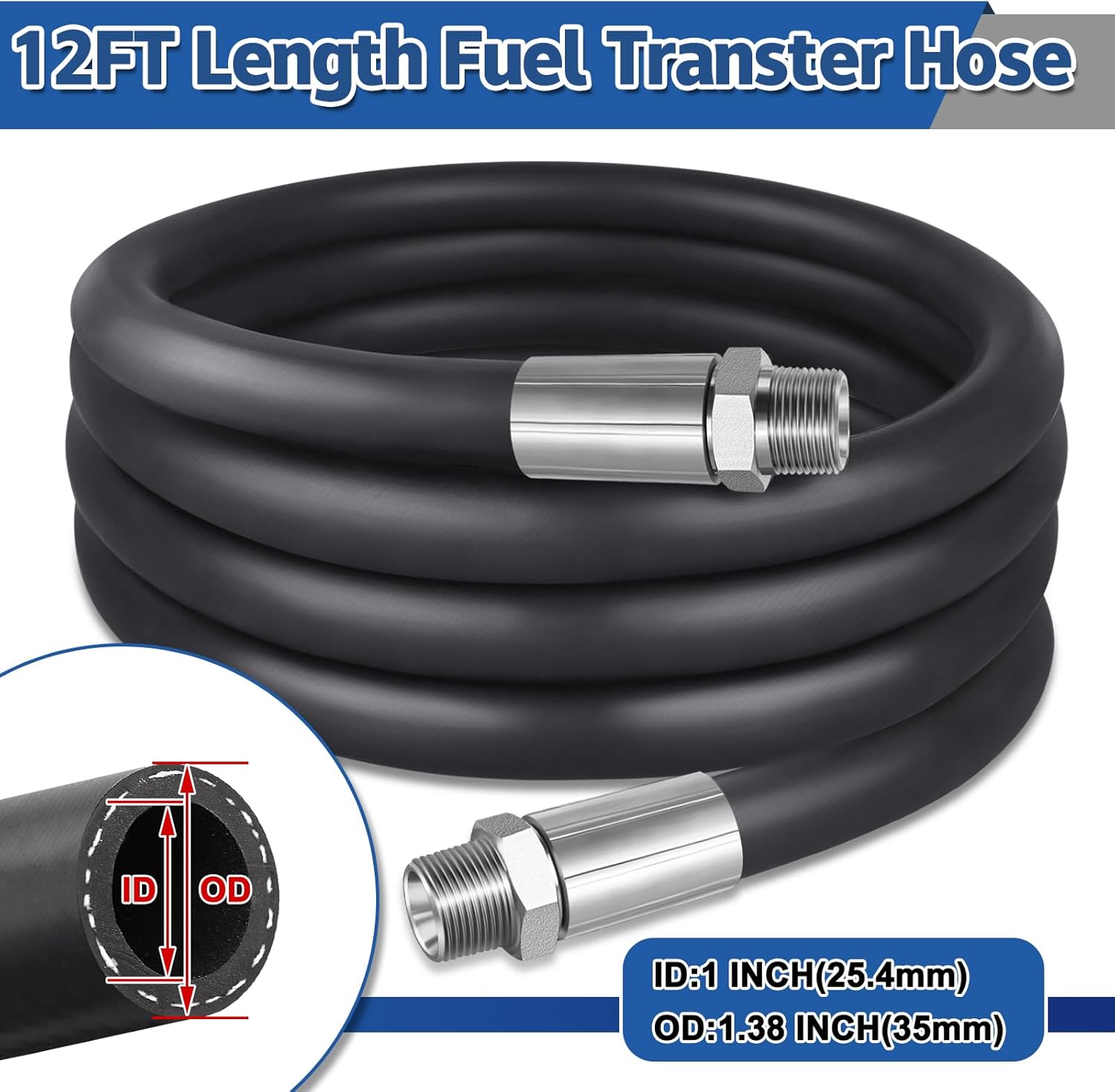 Boltigen Fuel Transfer Hose 1 Inch, 12 Feet Fuel Transfer Farm Pump Tank Tube Hose for Gasoline, Biodiesel, Dispensing Diesel, Kerosene, Petroleum Oils