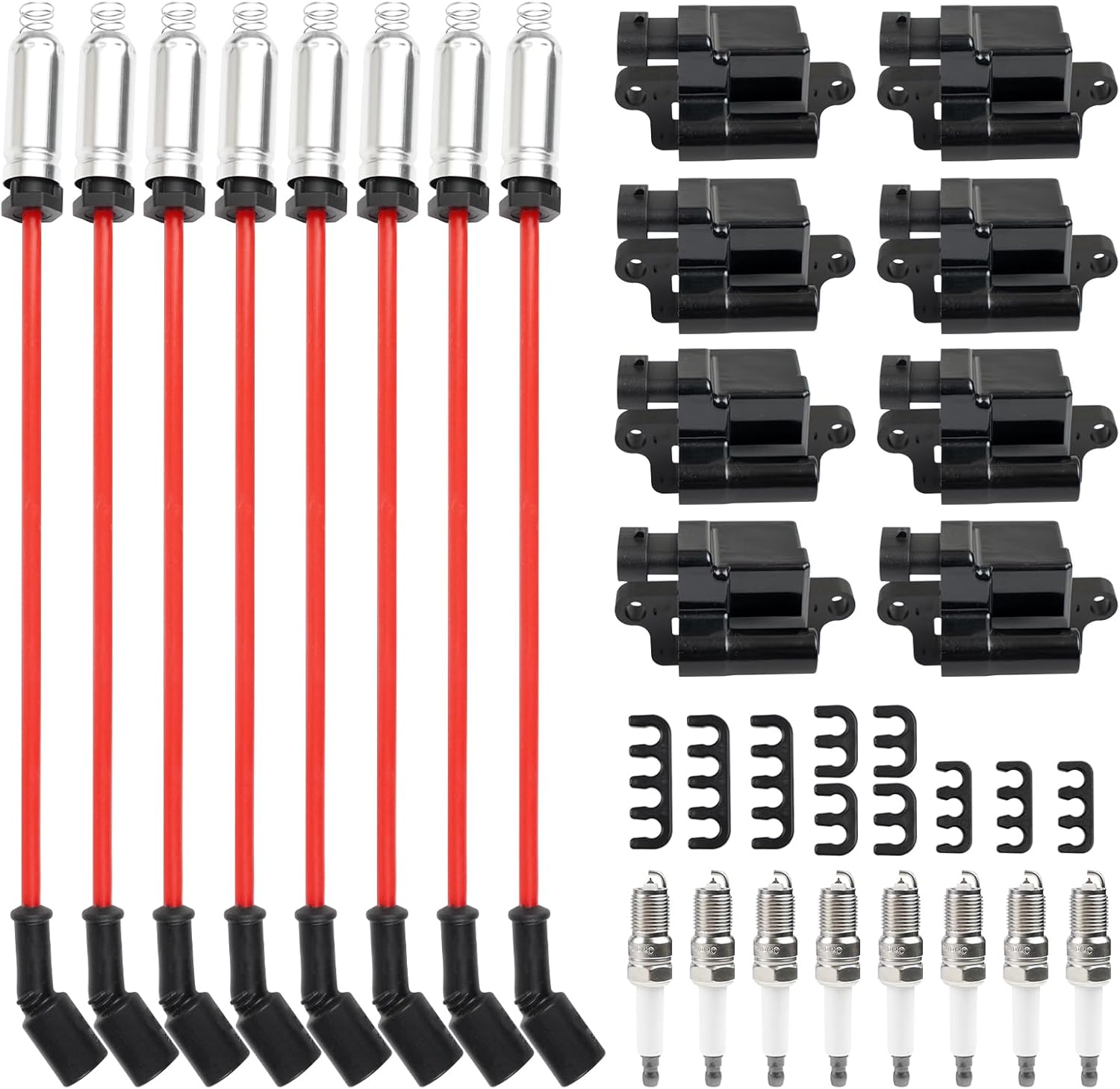 UF-271 Set of 8 Square Ignition Coil & 41-962 Spark Plug and Red Wire Set Compatible with Chevrolet Avalanche Silverado Suburban GMC Hummer H2 Savana 1500 2500 3500 Sierra 1999-2007 12556893