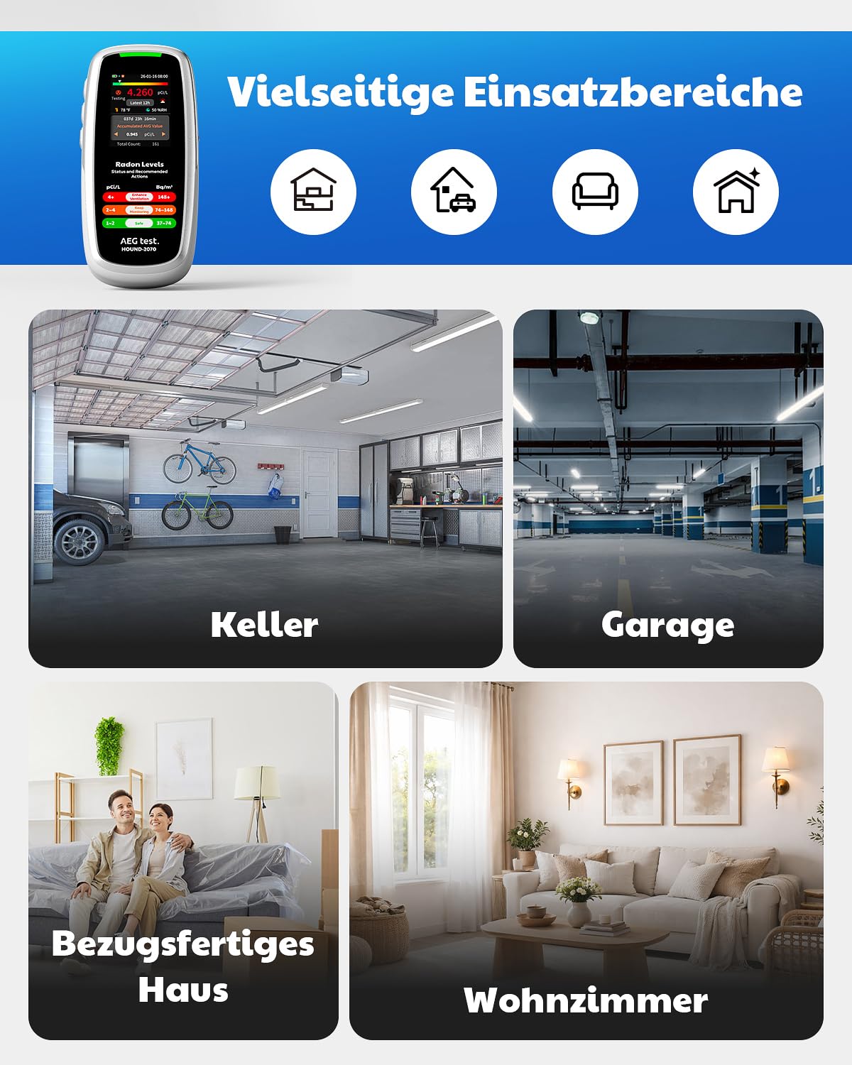 HOUND-2070 Radonmessgerät für Zuhause, mit Temperatur- & Luftfeuchtigkeitsanzeige, 504 Tage Datenspeicherung, wiederaufladbar, 3-in-1 tragbarer Radontester für Keller, pCi/L oder Bq/m³