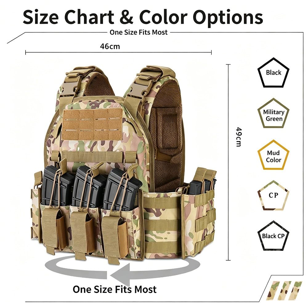 Chaleco Táctico Airsoft,Ajustable con Sistema MOLLE y Liberación Rápida, Chaleco Ligero y Transpirable con Bolsillos Modulares para Paintball Senderismo Caza Camping Outdoor