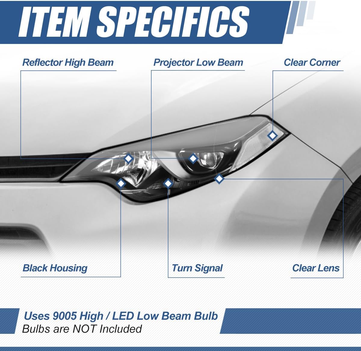 Auto Dynasty LED Projector Headlight Assembly Lamp Compatible with 2014 2015 2016 Toyota Corolla Sedan, Driver and Passenger Side, Black Housing Clear Corner