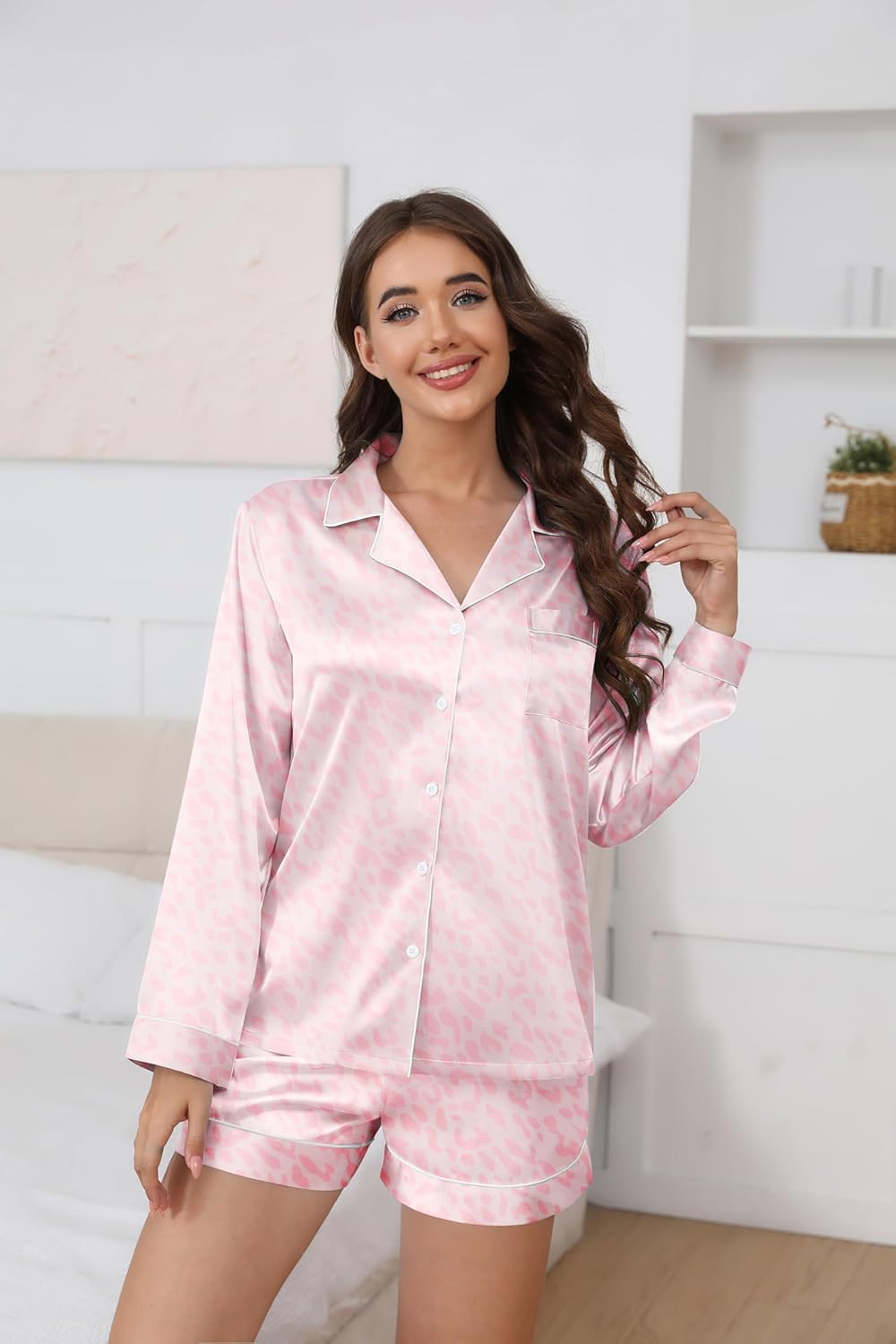 Ekouaer Satin Pajama Set for Women Button Down Pj Set Long Sleeve Top and Shorts 2 Piece Loungewear Summer Soft Sleepwear - Image 5