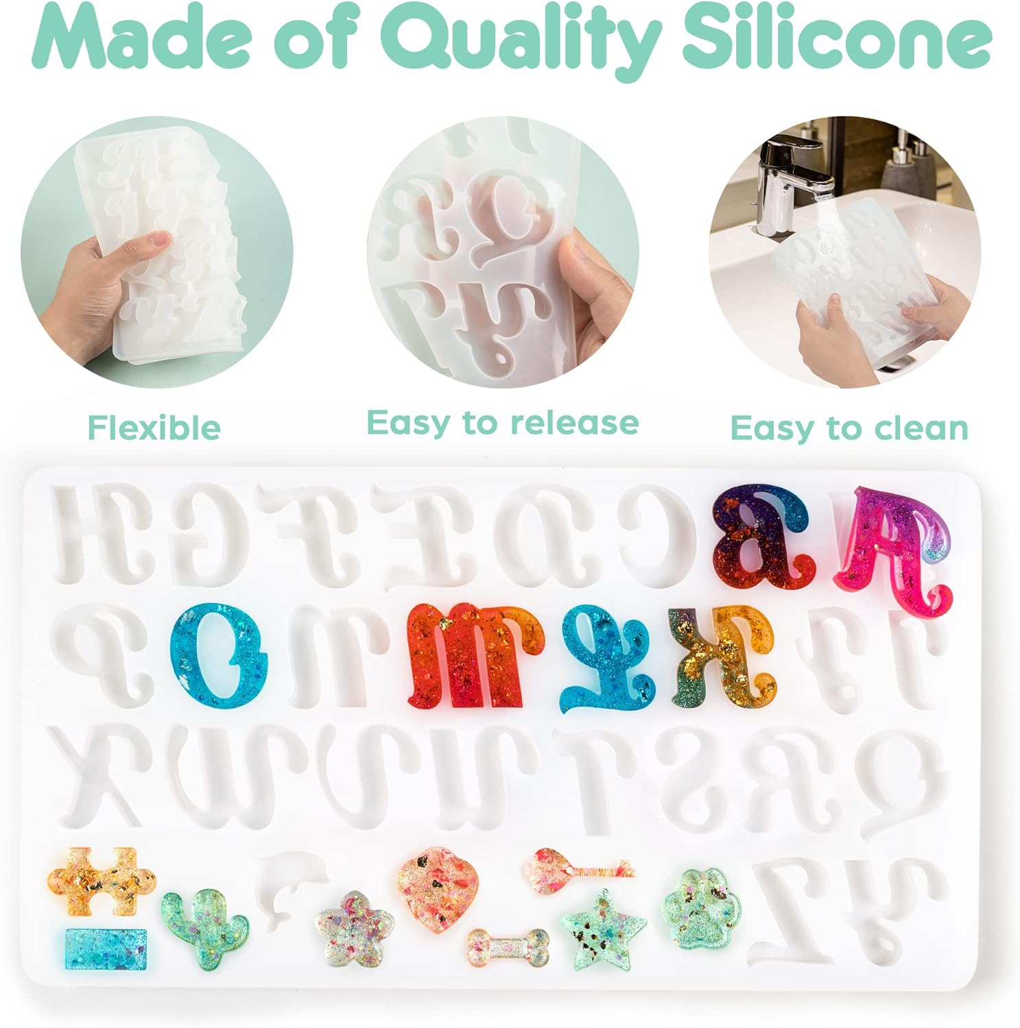 Mocoosy 182Pcs Fancy Alphabet Resin Molds Silicone Kit, Reversed Letter Keychain Epoxy Resin Casting Molds, Resin Key Chain Making Set with 1 Hand Drill 2 Drill Bits 30 Key Rings 100 Screw Pins