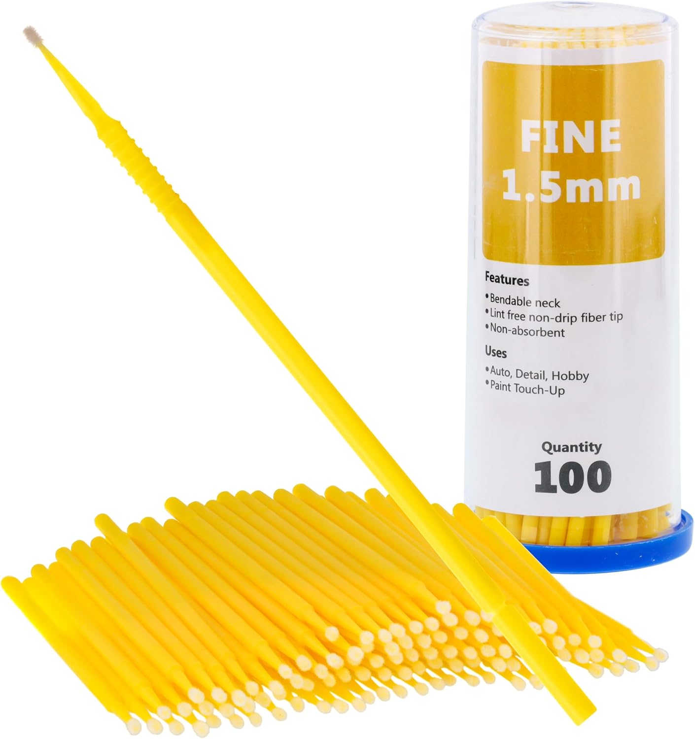 TCP Global 100 Paint Touch Up Brushes, Disposable Micro Brush Applicators, Yellow with Fine 1.5 mm Tips - Auto Body Shop, Auto Car Detailing, Hobby