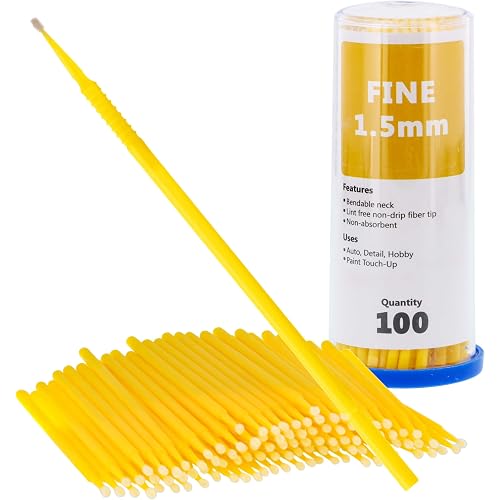TCP Global 100 Paint Touch Up Brushes, Disposable Micro Brush Applicators, Yellow with Fine 1.5 mm Tips - Auto Body Shop, Auto Car Detailing, Hobby