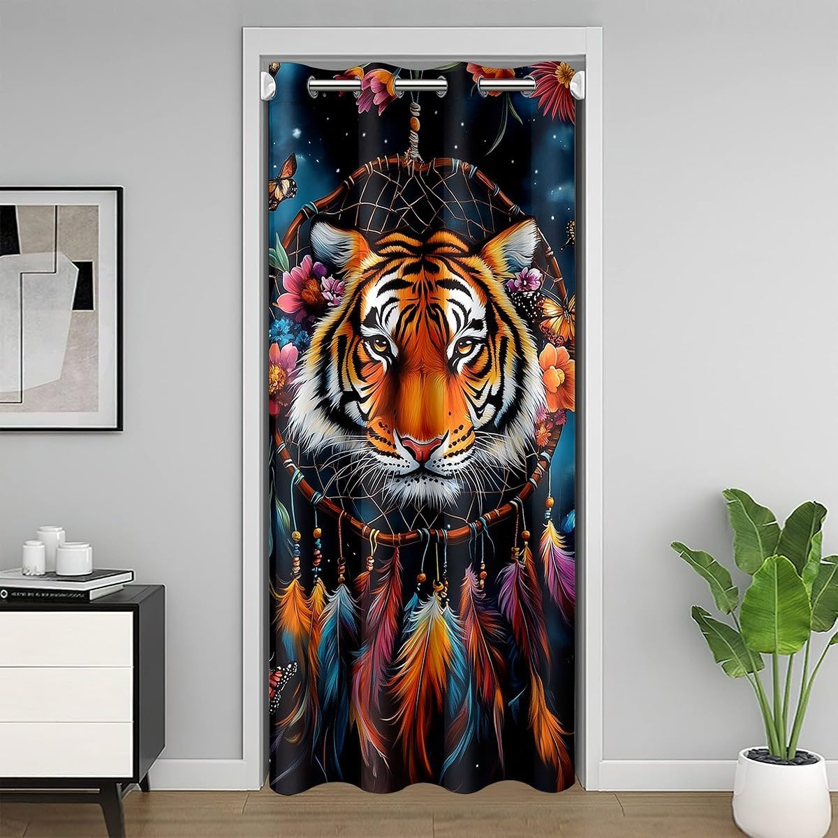 Tiger Dream Catcher Door Curtain Watercolor Wildlife Feather Blackout Curtain Floral Butterfly Doorway Curtain for Adults Galaxy Starry Sky Door Drape Tapestry for Hallway 42" W X 80" L