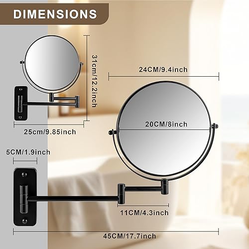 Miniatura 10 de Espejo de maquillaje montado en la pared de 8 pulgadas, espejo de aumento 1X10X con brazo extensible de 360 para baño, espejo de tocador de doble