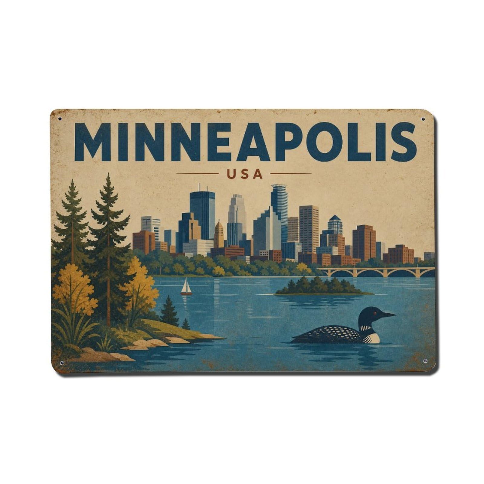 Vintage Travel USA Minneapolis Metal Tin Sign
