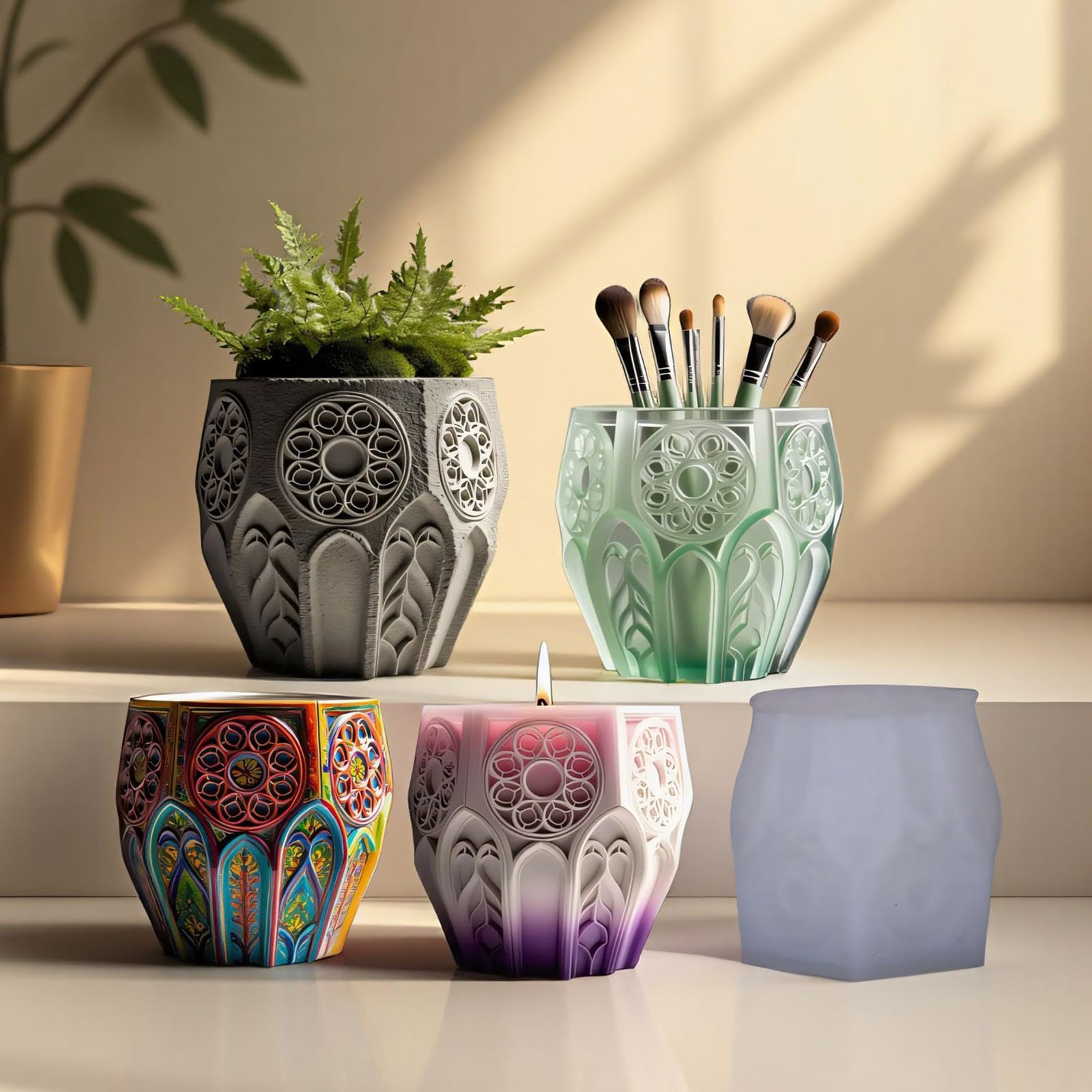 Ventana Sgape Vela Taza Maceta Relieve Molde de Silicona Herramienta de Fabricación Artesanía Macetero de Resina Regalo Creativo Molde de Contenedor de Vela Decorativo