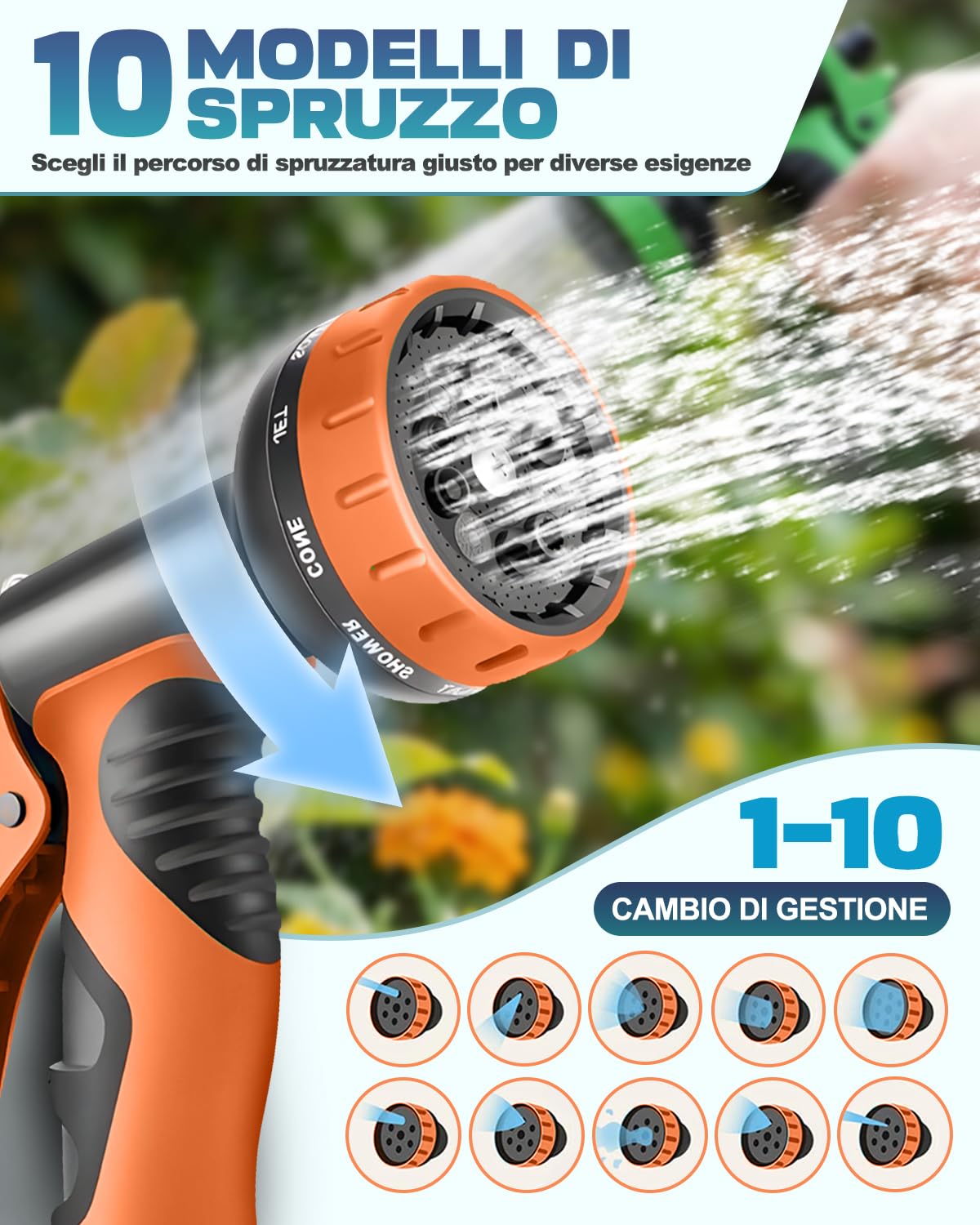 Tubo Estensibile da Giardino 15m Arancione, Tubo Acqua Flessibile con Pistola Multifunzione a 10 Getti, Antitorsione, Leggero e Retrattile per Irrigazione e Pulizia Estiva
