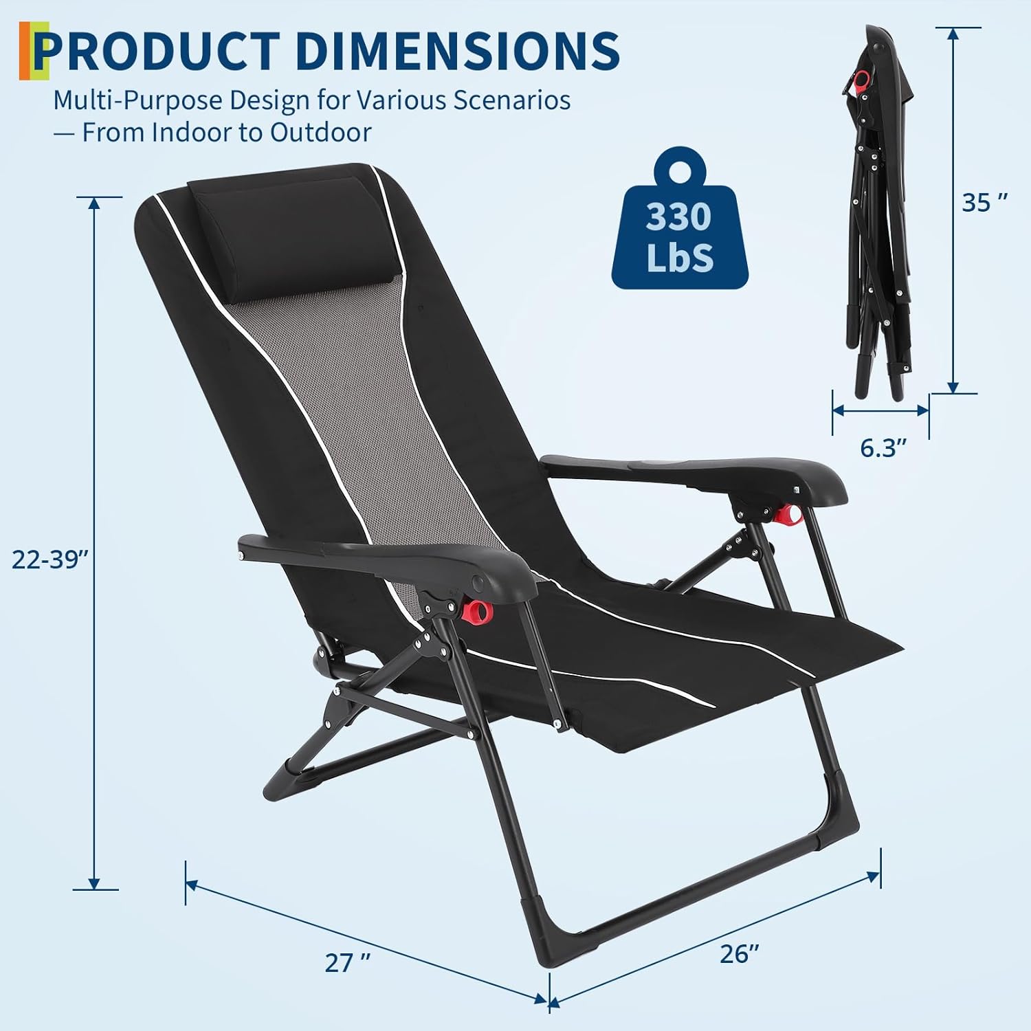 Folding Chaise Lounge Chair for Outdoor – Portable Reclining Camping Chair with Adjustable Backrest, Pillow & Breathable Fabric, Heavy-Duty 330lbs Capacity, Sun Lounger for Beach, Patio, Garden