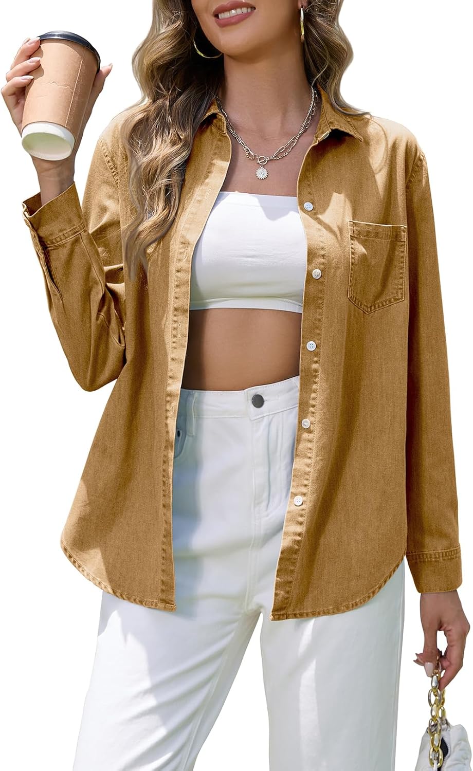Denim Shirt Women Chambray Western Shirts Casual Long Sleeve Button Down Jean Tops