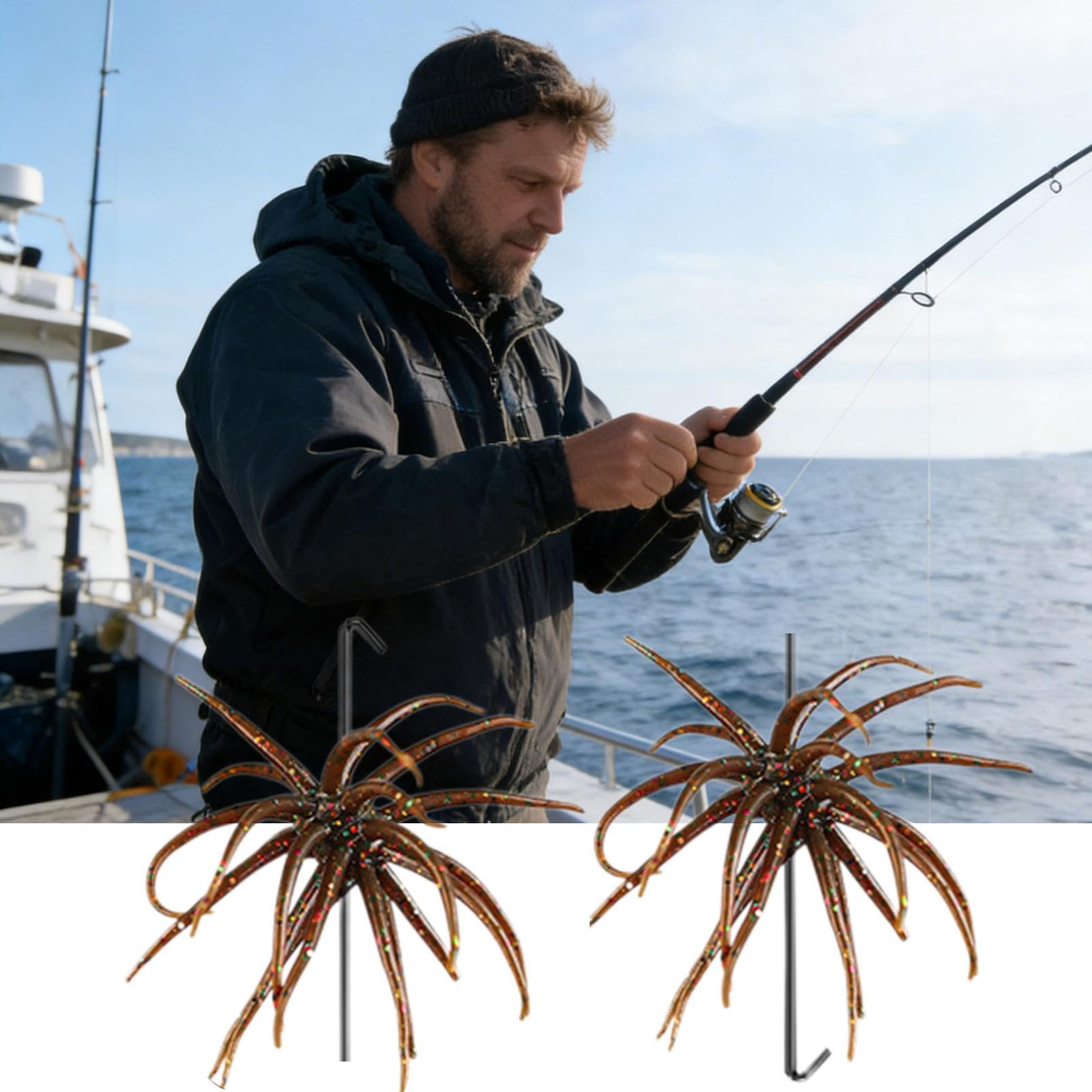 4Pcs Sea Urchin Soft Bait | Realistic Fuzzy Dice Fishing Lure for Bass & Perch | Floating TPR Swimbait with Reflective Stars | Artificial Worm Bait for Saltwater&Freshwater - 5