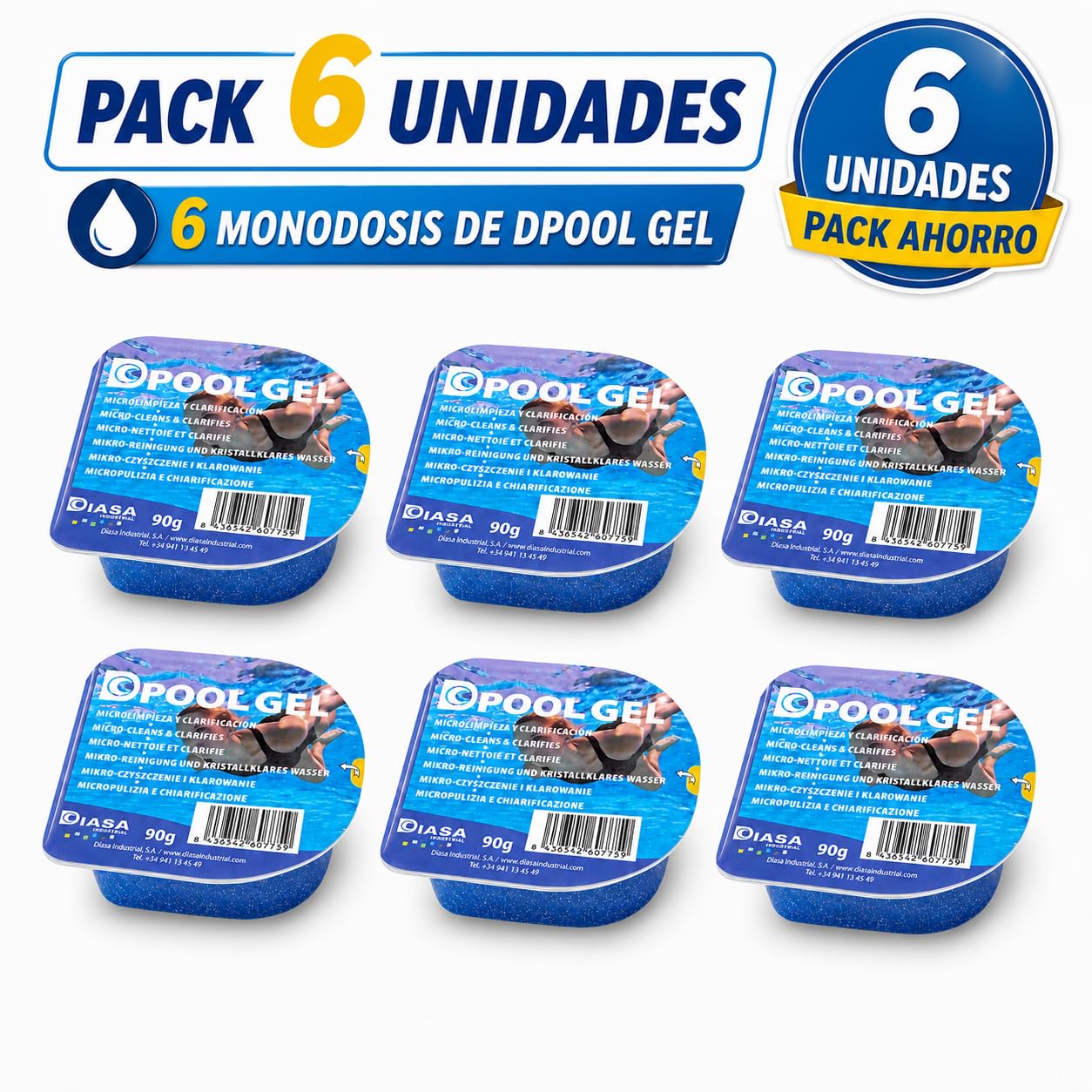 DIASA INDUSTRIAL Pack 6 UDS Gel Clarificante Piscinas Dpool Gel - MONODOSIS 90 GR - Agua Piscina cristalina