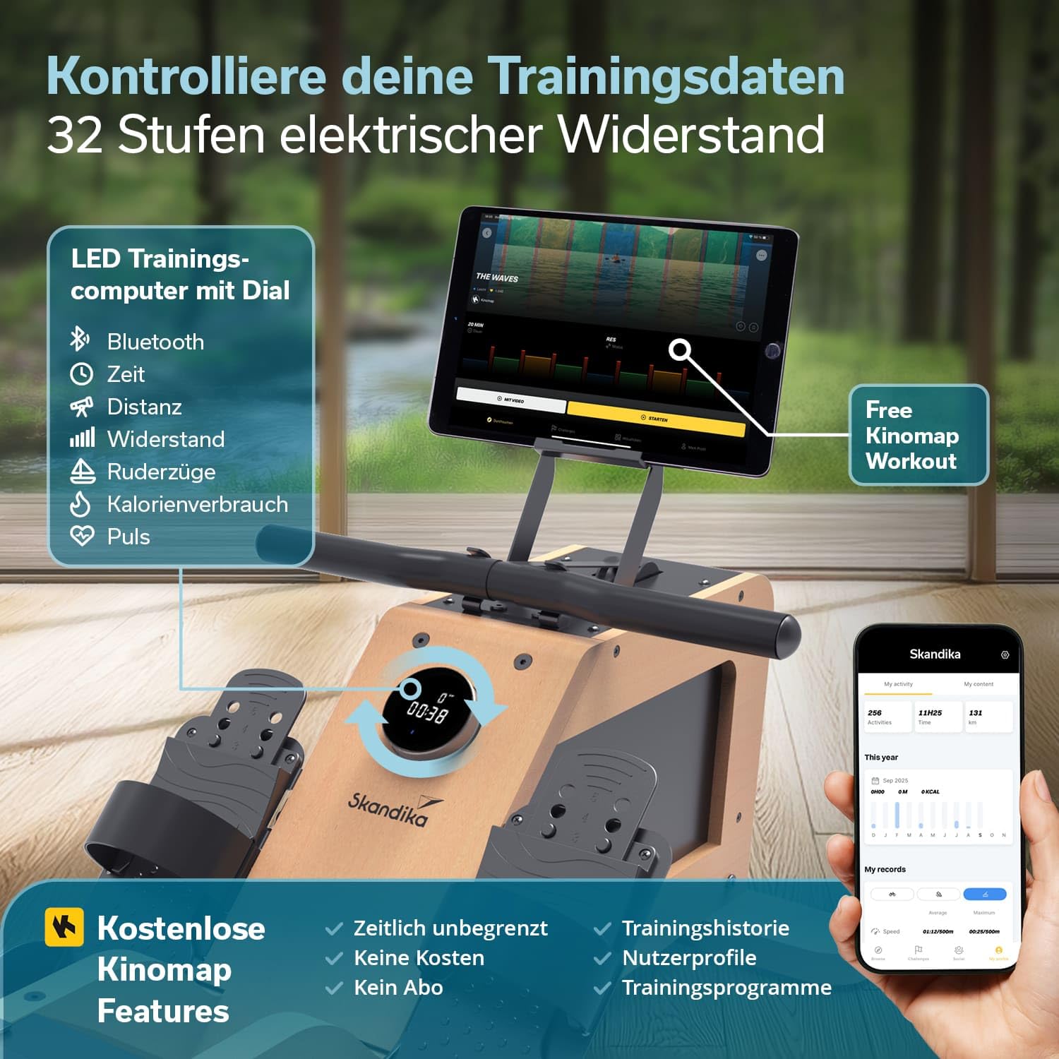 Skandika Rudergerät für Zuhause Torin P6-G | Rudergeräte Krafttraining, mit Eigenantrieb, Rahmen aus Echtholz, Magnetbremse 32 Stufen, Bluetooth & Kinomap App kompatibel, Aufstellfunktion, bis 150 kg