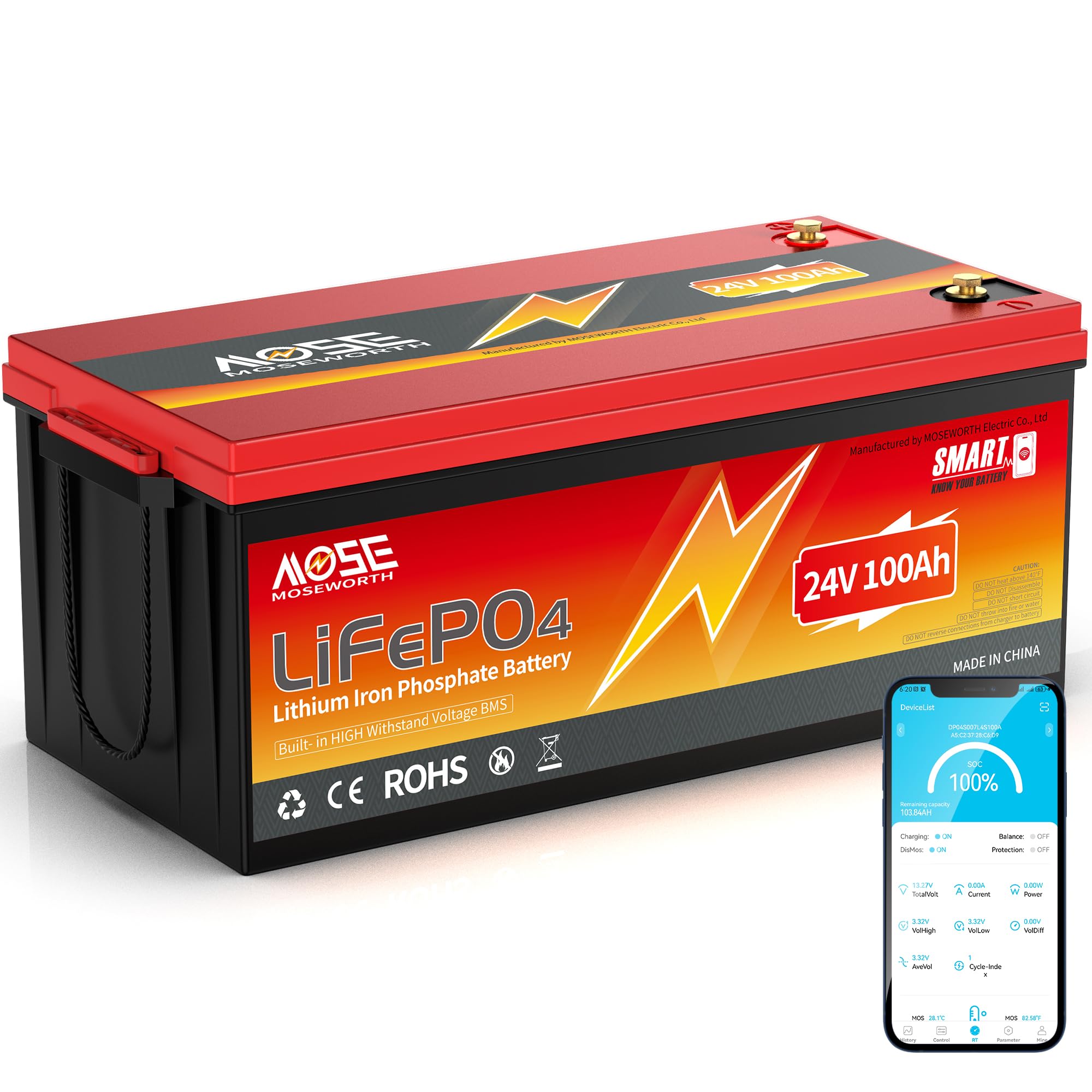 Batteria al litio LiFePO4 da 24 V, 100 Ah con Bluetooth - BMS da 100 integrato, protezione a basse temperature, 4000-15000+ cicli - Celle di fosfato di ferro al litio di grado A, per motore da traino