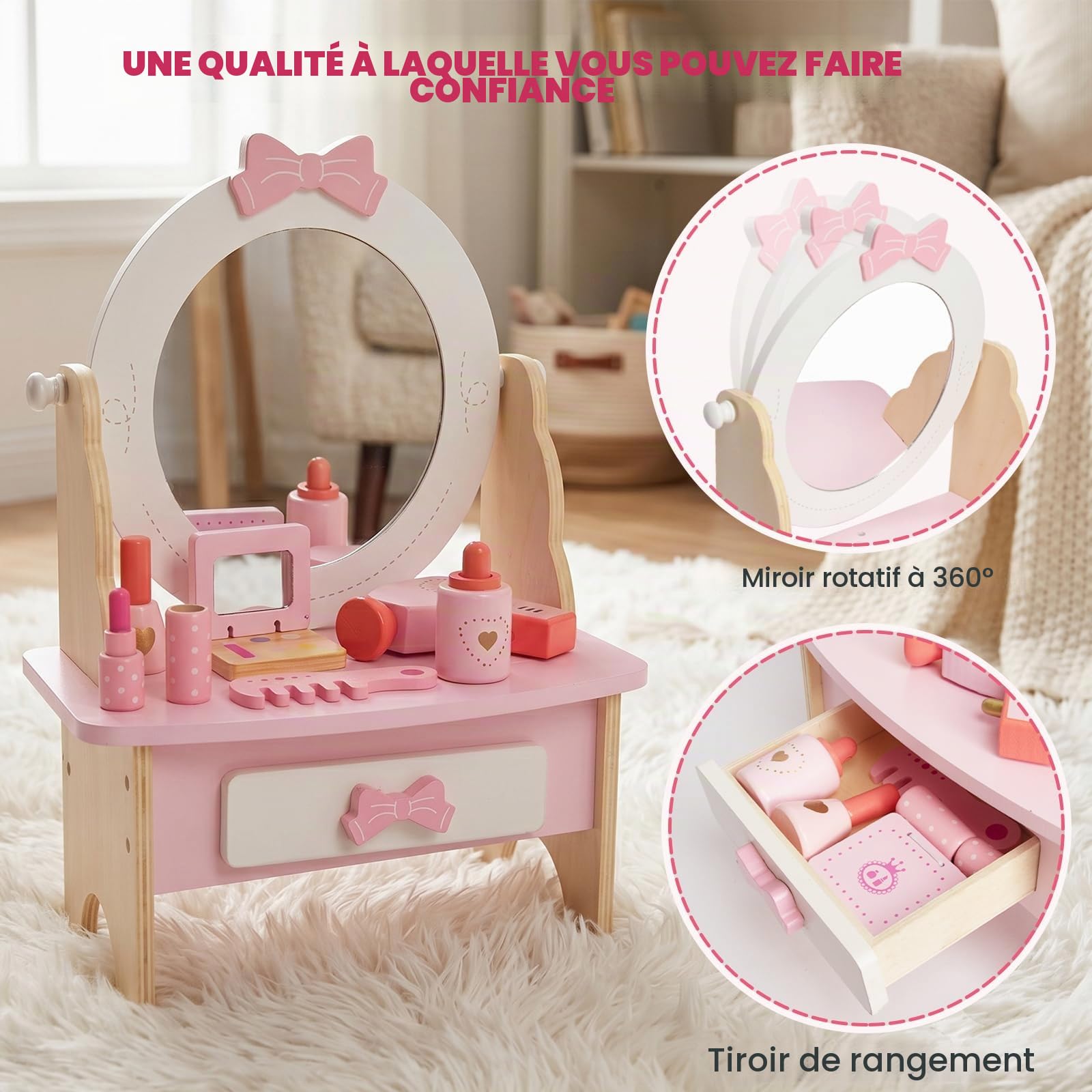 Set de coiffeuse en bois pour enfants, jouet de table avec miroir rotatif à 360°, ensemble d'accessoires de maquillage, cadeau pour filles à partir de 3 ans (blanc)