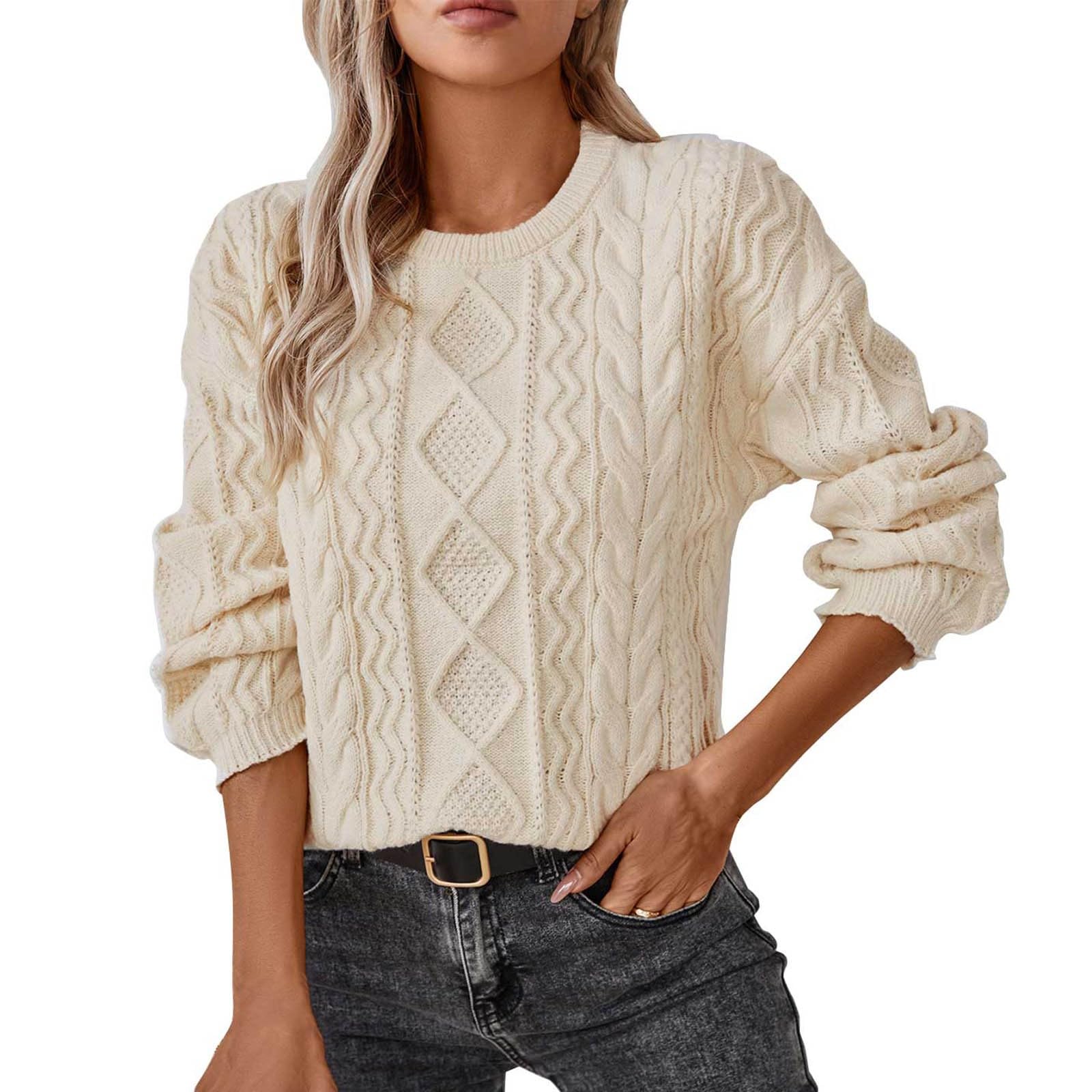 Heevina Sweaters for Women Crewneck Knitted Knit Cable Solid Color Chunky Long Sleeve Base Jumpers Winter Sweater