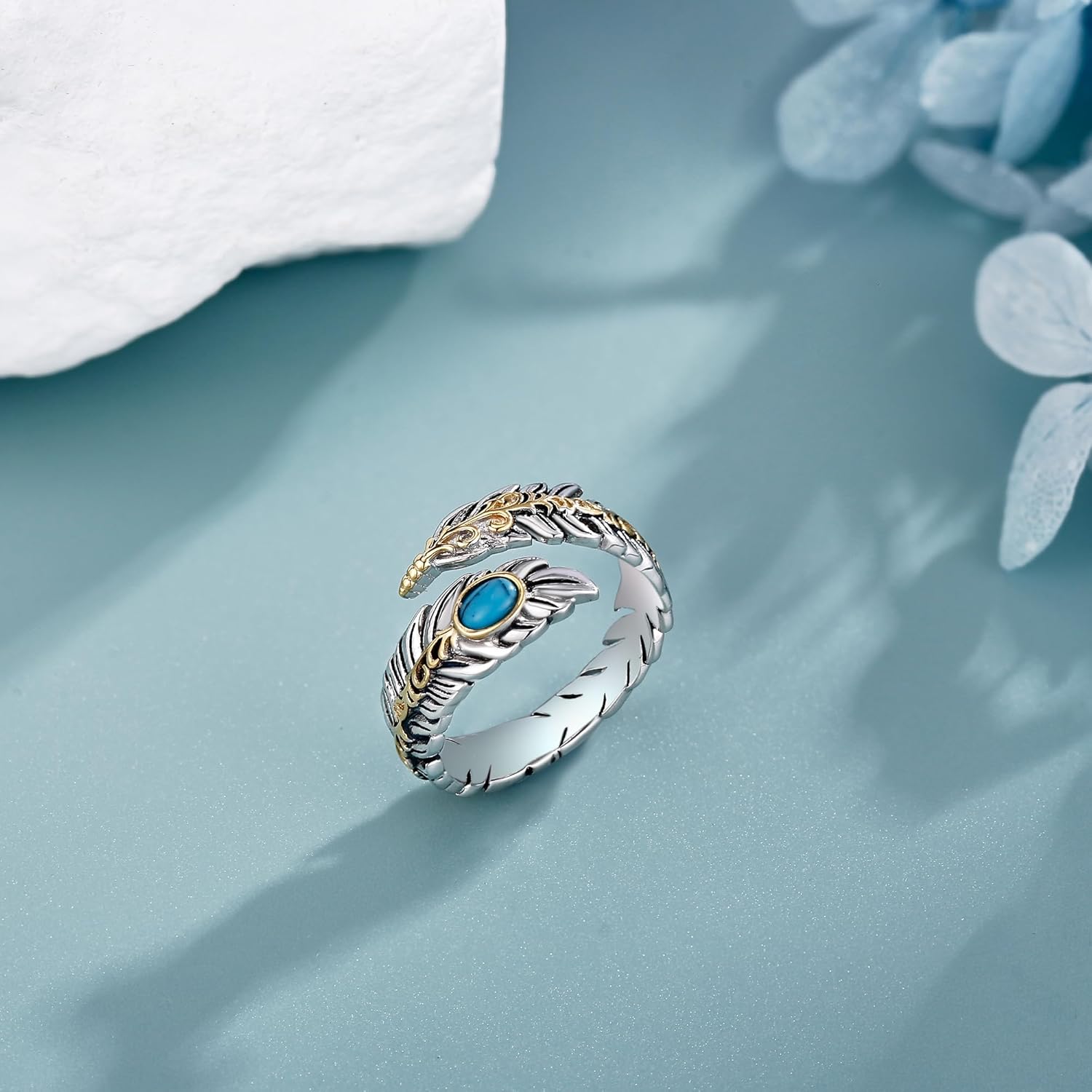 Turquoise Feather Ring 925 Sterling Silver Vintage Filigree Feather Rings Western Turquoise Jewelry Mothers Day Gifts for Women - Image 3