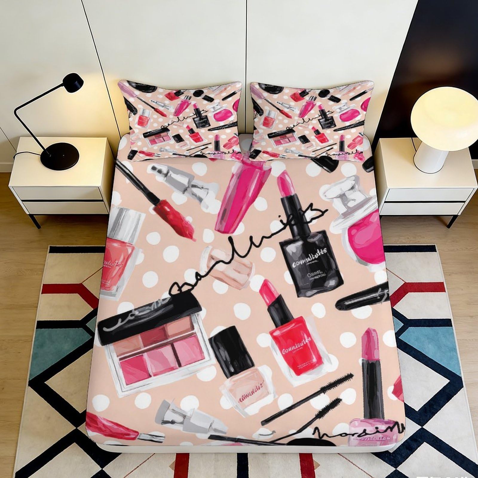 Makeup Pattern 3D Printed Fitted Sheet Microfiber Deep Pocket Elastic Hem Bedroom Bedding Makeup Mattress Fitted Cover Washable for Adults Teens 90x200x25cm 90x200x25cm