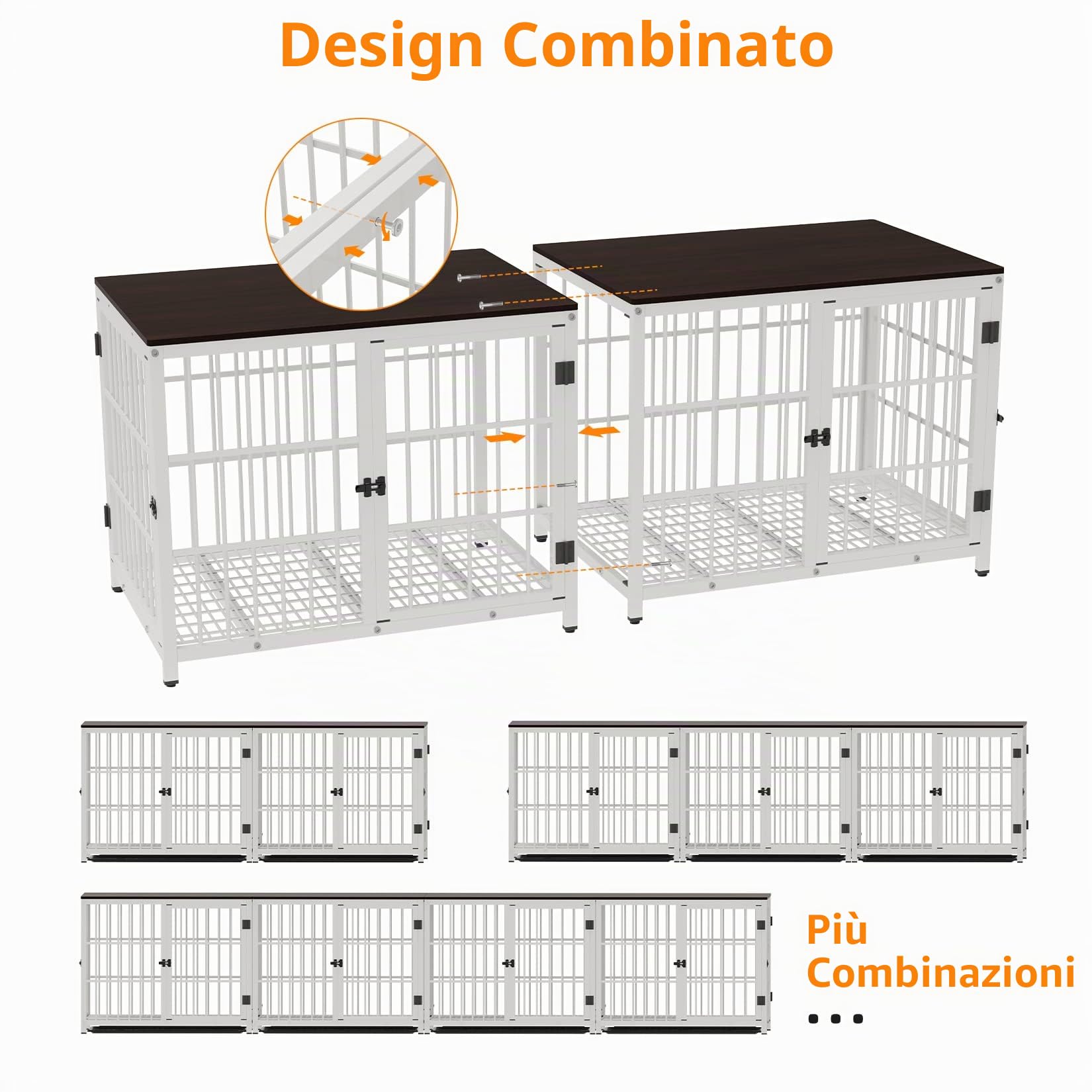 BingoPaw Gabbia Cani per Interno: XL Kennel Cani Taglia Grande in Legno e Metallo Casetta Cane Tavolino per Gabbia con 3 Ante e Vassoio Estraibile - 107x71x81cm, Bianco