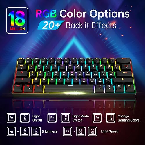 Vista 3 de targeal Teclado 60% mecánico para juegos, interruptor amarillo Gateron de 61 teclas, teclado silencioso para computadora de oficina, multicolor, RGB