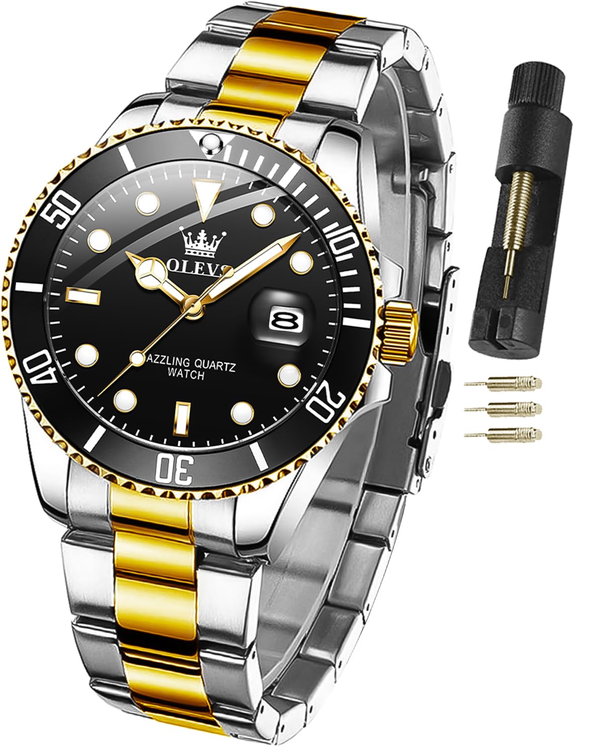 OLEVS Watches for Men Classic with Date Business Dress Luxury Big Face Green/Black/Blue Waterproof Luminous Mens Wristwatch Analog Two Tone Stainless Steel Male Watch