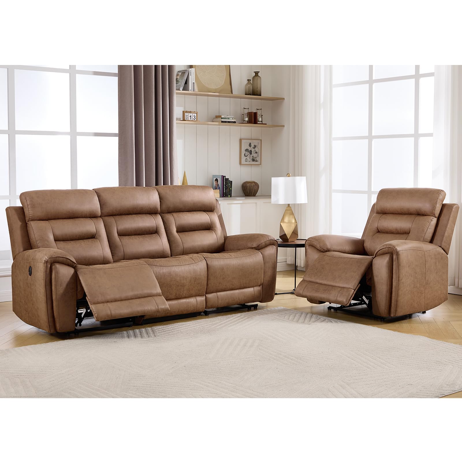 ANJ 2-Piece Oversied Faux Leather Power Recliner Sofa Set with Charging Ports, Include Single Recliner Chair and Electric 3-Seater Reclining Couches for Living Room, Brown