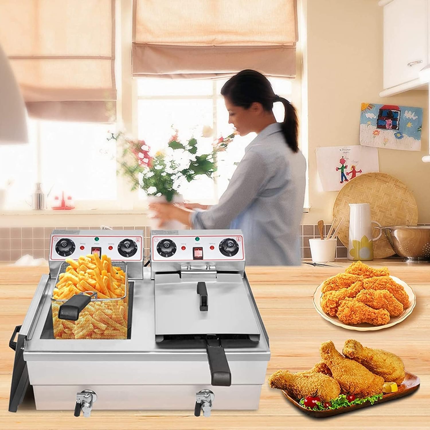 Friggitrice commerciale, friggitrice elettrica da banco, macchina per friggere commerciale, cestelli a doppia vasca, friggitrice francese in acciaio inossidabile con regolatore di temperatura/scaric