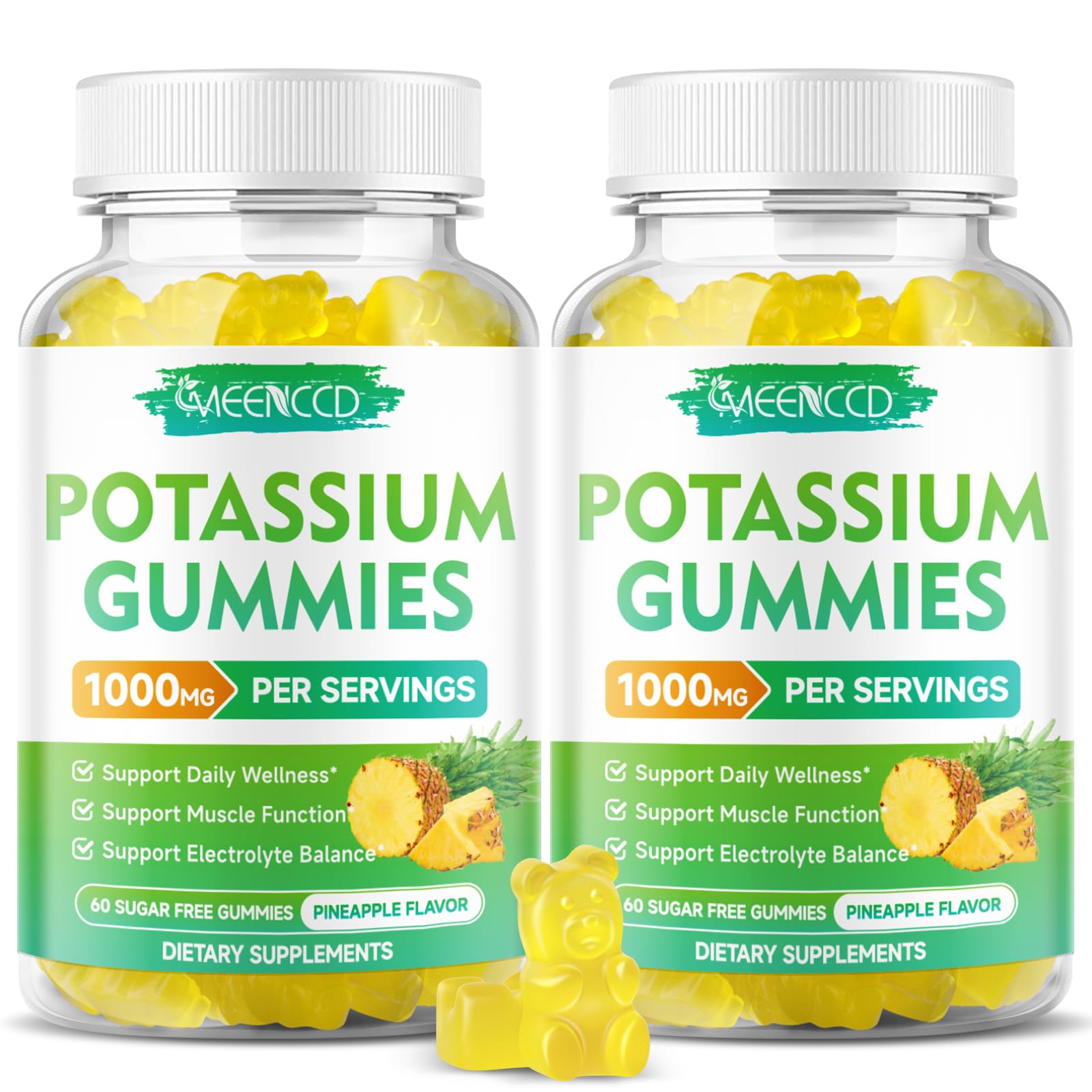 Potassium Citrate Gummies 1000mg, High Potency Potassium Supplement Gummies for Adults Women & Men, Support Muscle Health, Sugar-Free, Pineapple Flavor, 120 Count Pineapple 60 Count (Pack of 2)