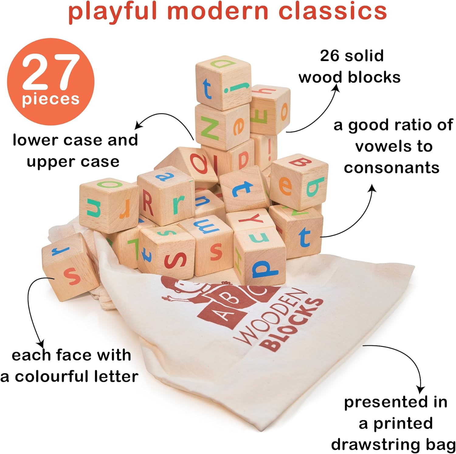Mentari Toys - Alphabet Spelling Blocks - 26pc ABC Wooden Letter Blocks with Storage Bag - Montessori Building Blocks for Toddlers and Preschoolers - Letter and Color Recognition Toy - Age 3+