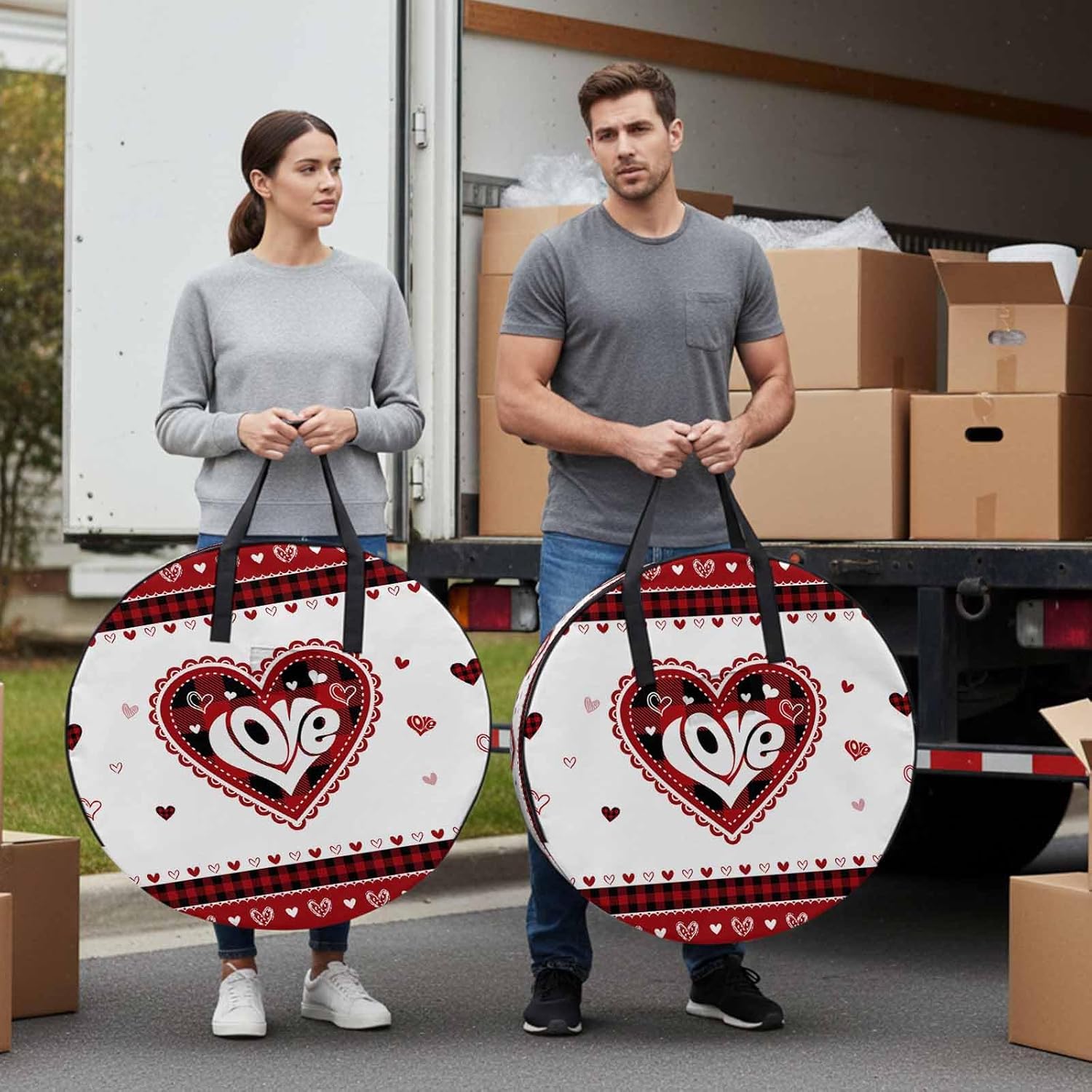 Valentine's Day Round Storage Bag 24 Inch, Black Red Buffalo Plaid Love Heart Clothes Storage Container with Handles Heavy Duty Organizer for Comforter, Bedding & Holiday Wreaths