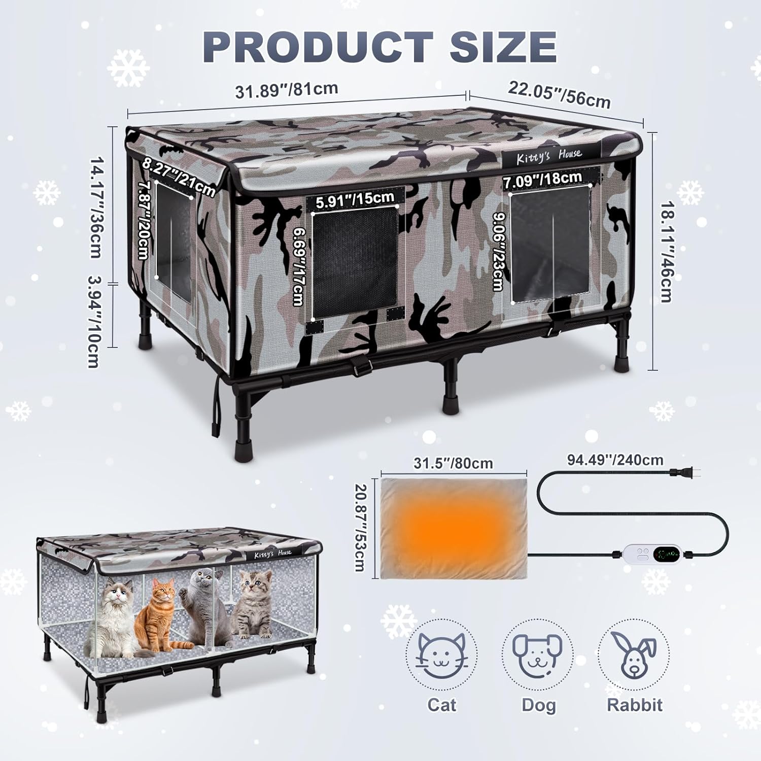 Heated Outdoor Cat House - Weatherproof Outdoor Cat Shelter with 2 Doors & Rain Cover, Waterproof Warm Outside Cat House for Feral Cats & Stray Pets (32"x22"x18")