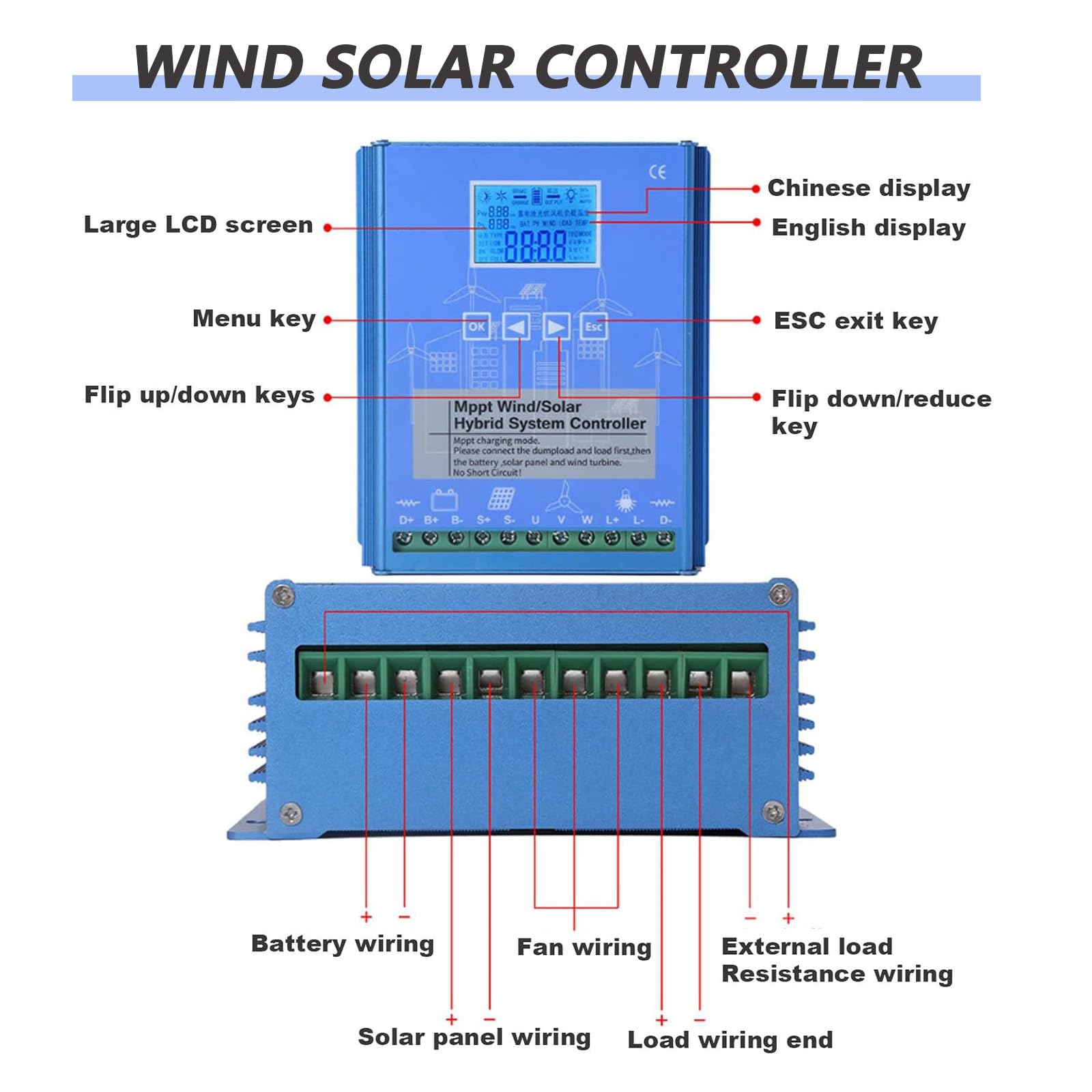 Hybrydowy regulator ładowania 20000 W, 12 V/24 V/48 V, wyświetlacz LCD, inteligentny regulator baterii, podwójne wyjście USB, maks. wejście 48 V, wydajne zarządzanie energią słoneczną
