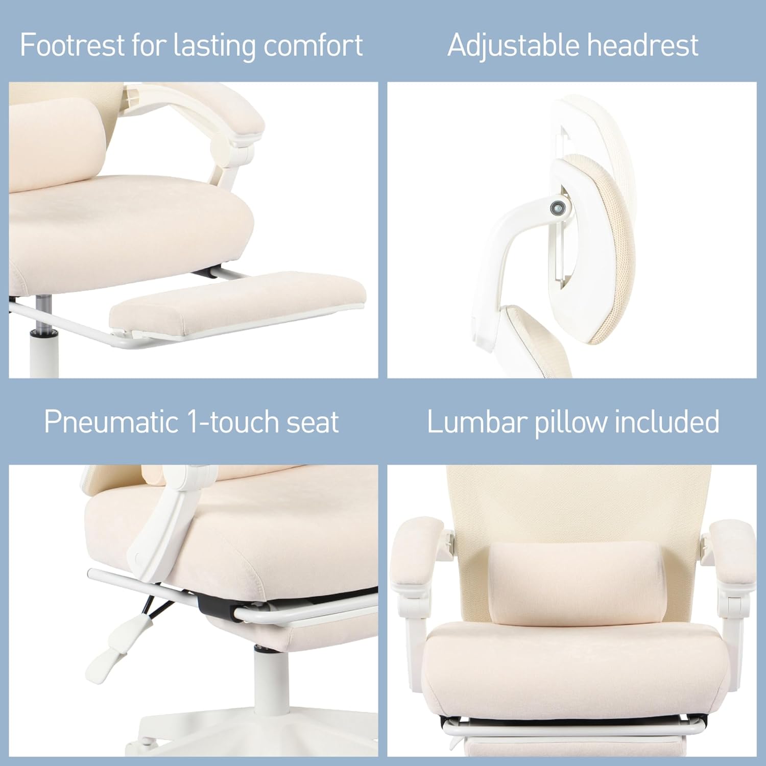 Four close-up images showing the chair's features: retractable footrest, adjustable headrest, pneumatic seat lever, and lumbar pillow.
