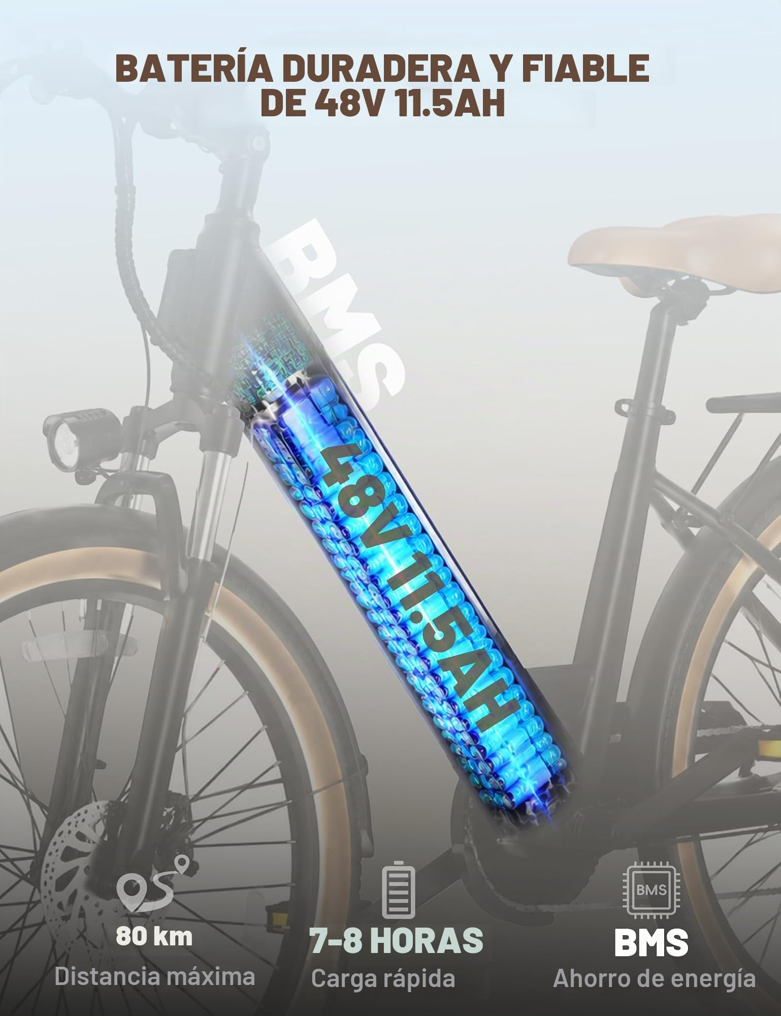 HEADEER BD26195 Bicicleta Electrica para Adultos 26", Batería Extraíble 48V 11.5Ah, Autonomía 80KM (PAS), E Bike Urbana con Pantalla a Color, 7 Velocidades & Horquilla con Suspensión Bloqueo Unisex
