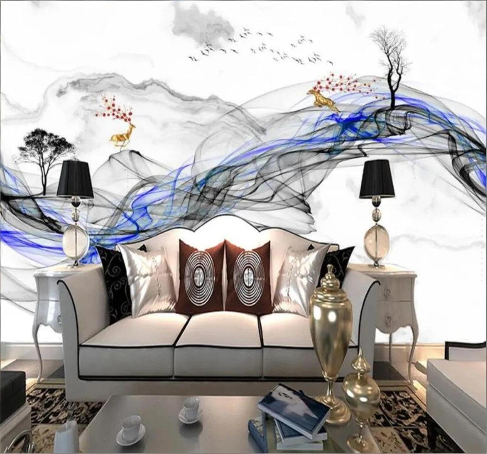 Tzxztt Abstract Reindeer Mist Trees Landscape Modern 3D Wallpaper Premium Textured Silk Neutral Tones Material Ideal for Living Room Bedroom-200cm×140cm