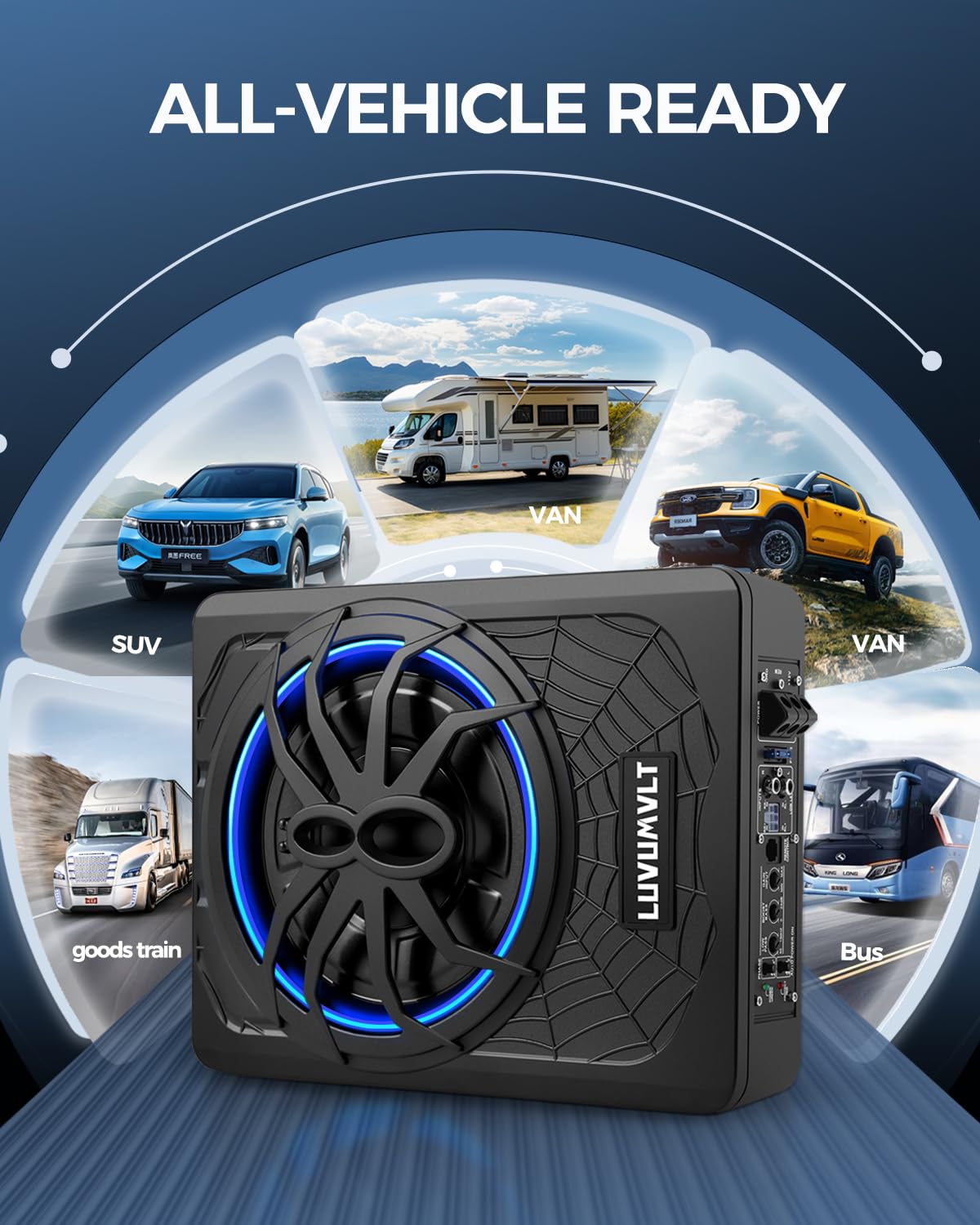 1200W 10" Car Subwoofer, Slim Under Seat Powered Subwoofer and Amp Package,High/Low Level Input, Car/Truck Audio Sub Built-in Amplifier amp Combo Package, with Blue LED Light