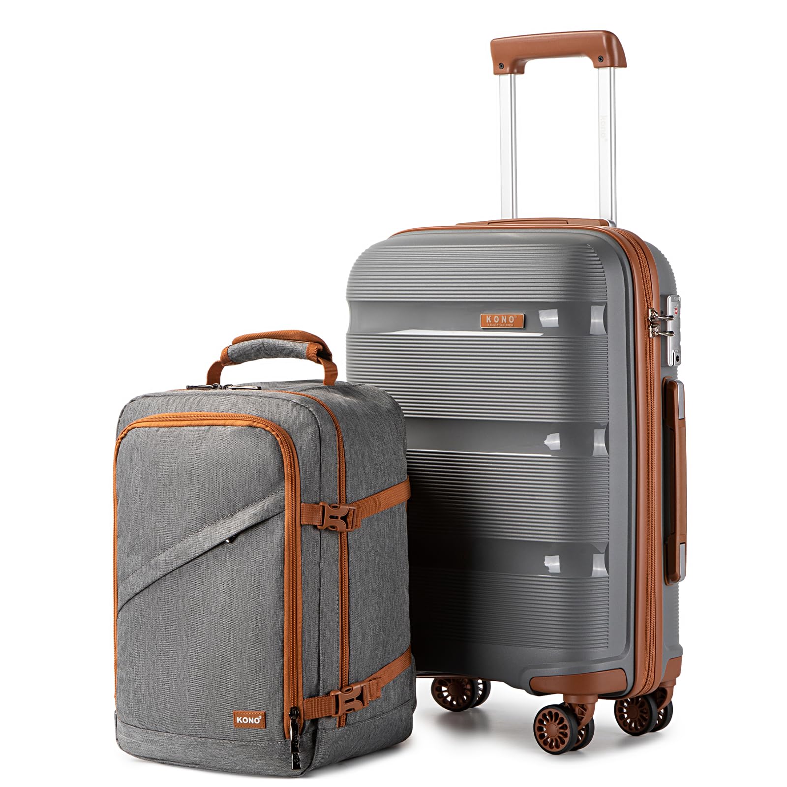 Kono Luggage Sets 2 Piece Hard Shell Polypropylene Travel Trolley with 4 Spinner Wheels TSA Lock Carry On Hand Cabin Suitcase with Backpack (Grey)