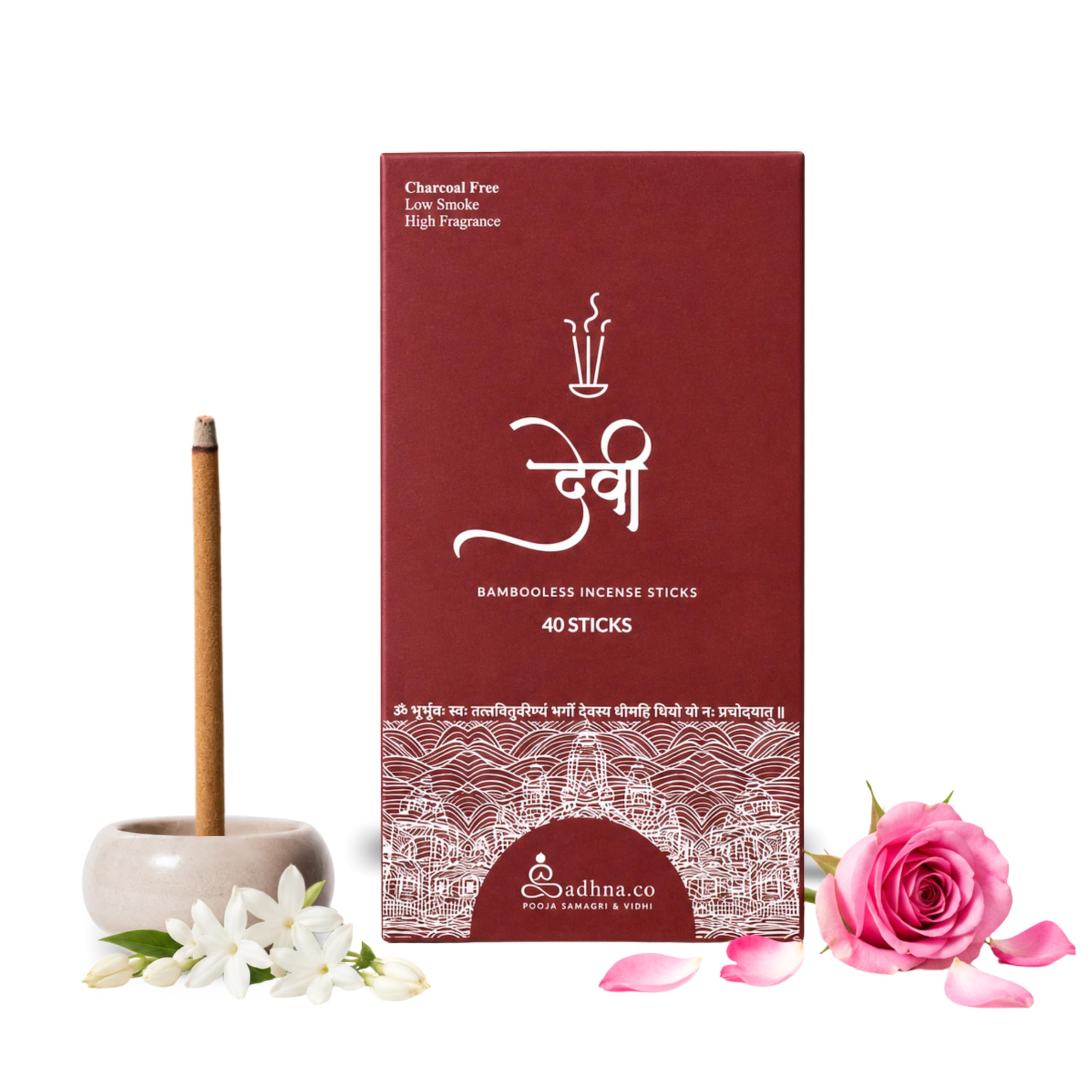 Sadhna.co Bambooless Incense Sticks | Natural Agarbatti for Pooja, Meditation & Relaxation | Chemical-Free, Long-Lasting Fragrance | 40 Sticks Per Pack | Free Ceramic Incense Holder (Rose, Jasmine)