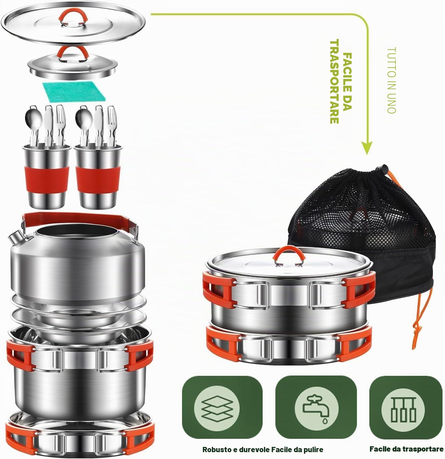 Set di pentole da campeggio, in acciaio inox 304, set di pentole e padella, con bollitore, tazze, piatti, forchette, coltelli, cucchiai per campeggio, attività all'aperto, escursioni, picnic, RVs per