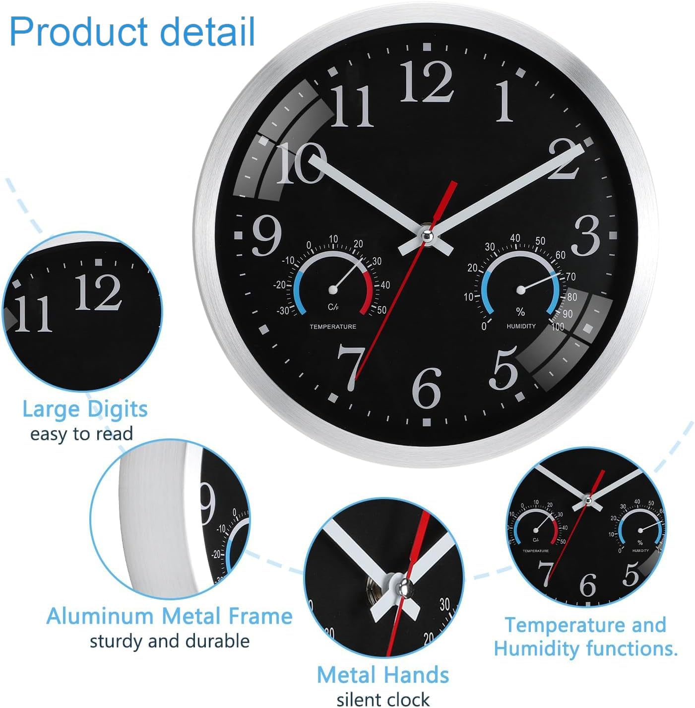 Wall Clock, 10 Inch Wall Clock Battery Operated with Temperature and Humidity, Silent Non Ticking Silver Aluminum Frame Morden Wall Clocks for Living Room Bathroom Kitchen Office Bedroom (Black)