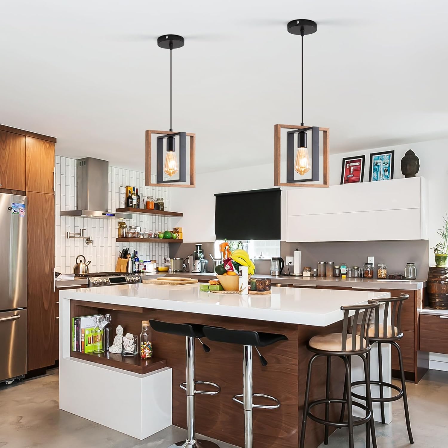 3 Pack Farmhouse Pendant Light Fixture, Black Kitchen Island Pendant Lights, Industrial Metal and Vintage Wood Hanging Light, Adjustable Height Rustic Ceiling Lamp for Entryway, Dining Room, Foyer