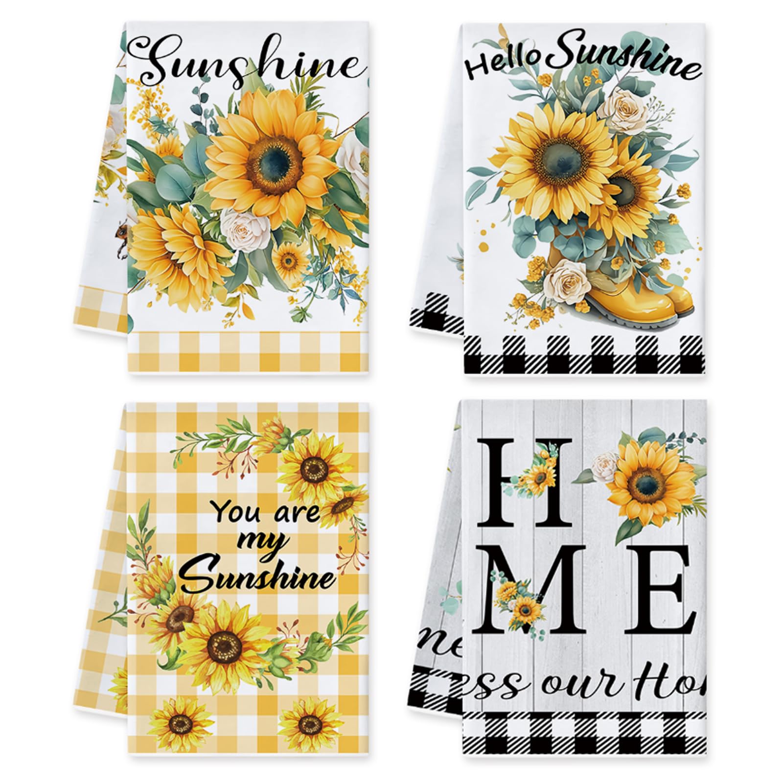 Torchon de cuisine microfibre lot de 4 essuie-mains imprimé tournesol 45x66cm