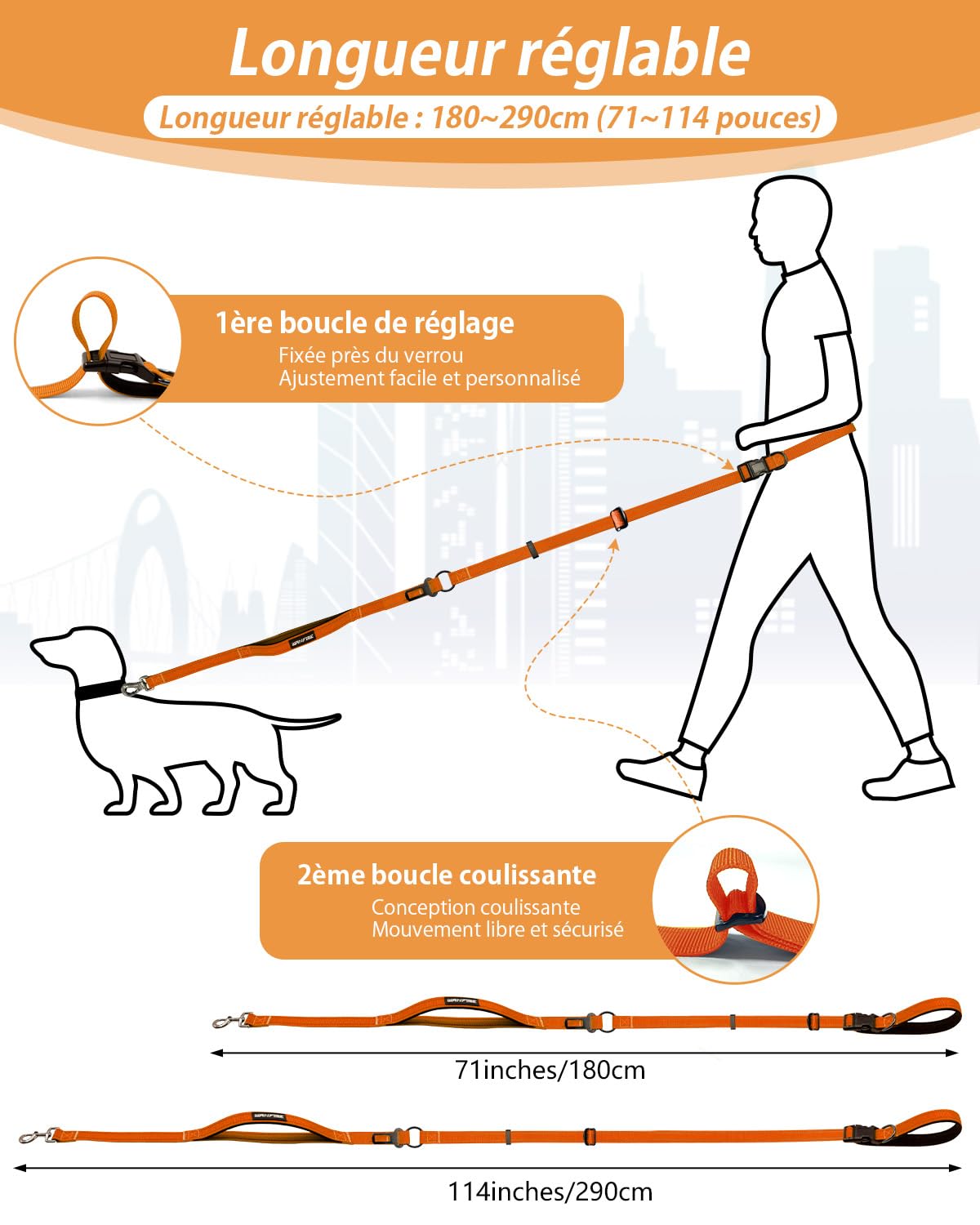 Harnais de Marche Main Libre pour Chien - Laisse Multifonctionnelle Renforcée 2.9m Réglable, Boucle de Sécurité Voiture (Orange)