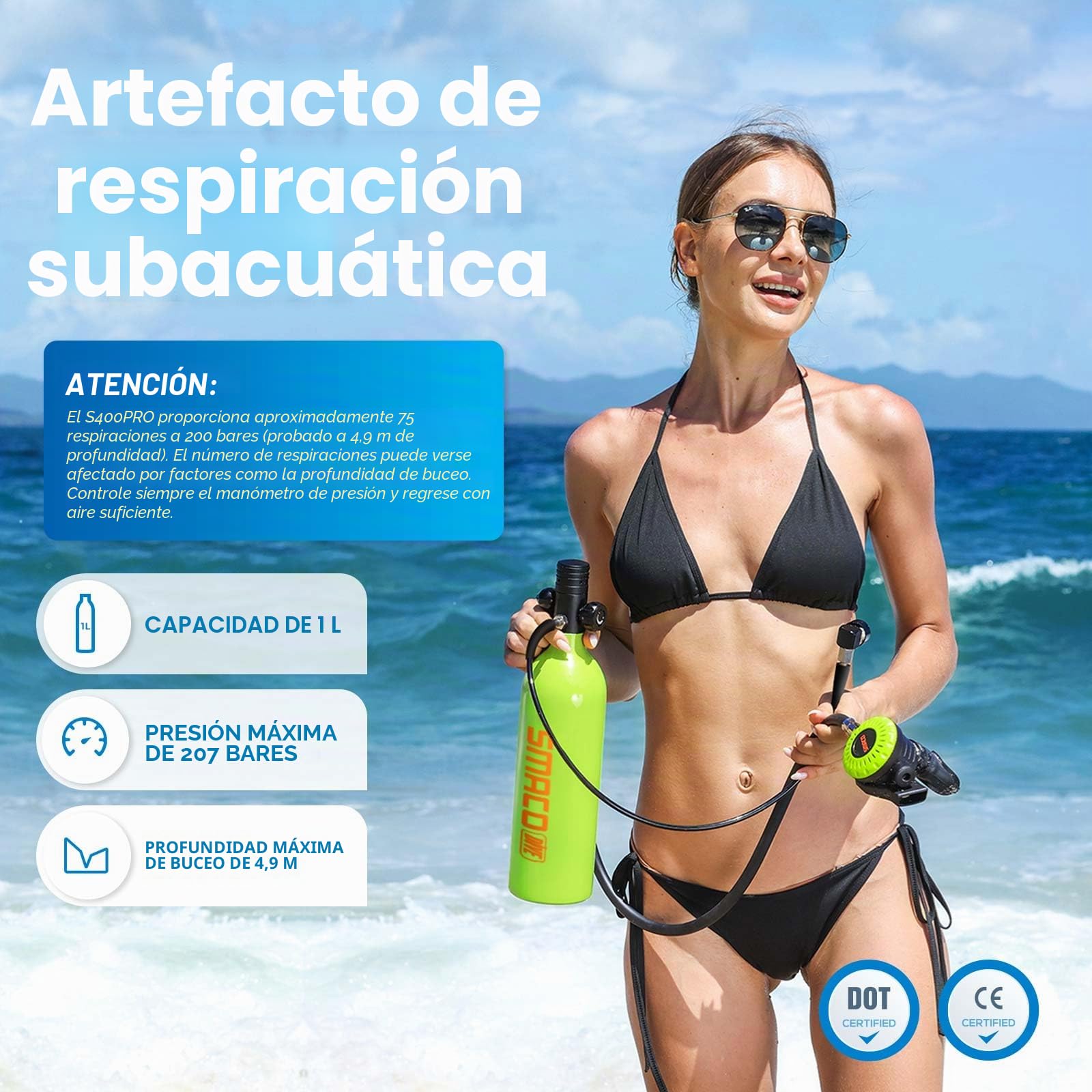 SMACO Mini Botella de Buceo 1 litro Portatil Bombona de Buceo para Respiración Subacuática Pequeñas Botella Submarinismo Tanque de Buceo Recargable para Viajes Nadar Rescate S400 Pro