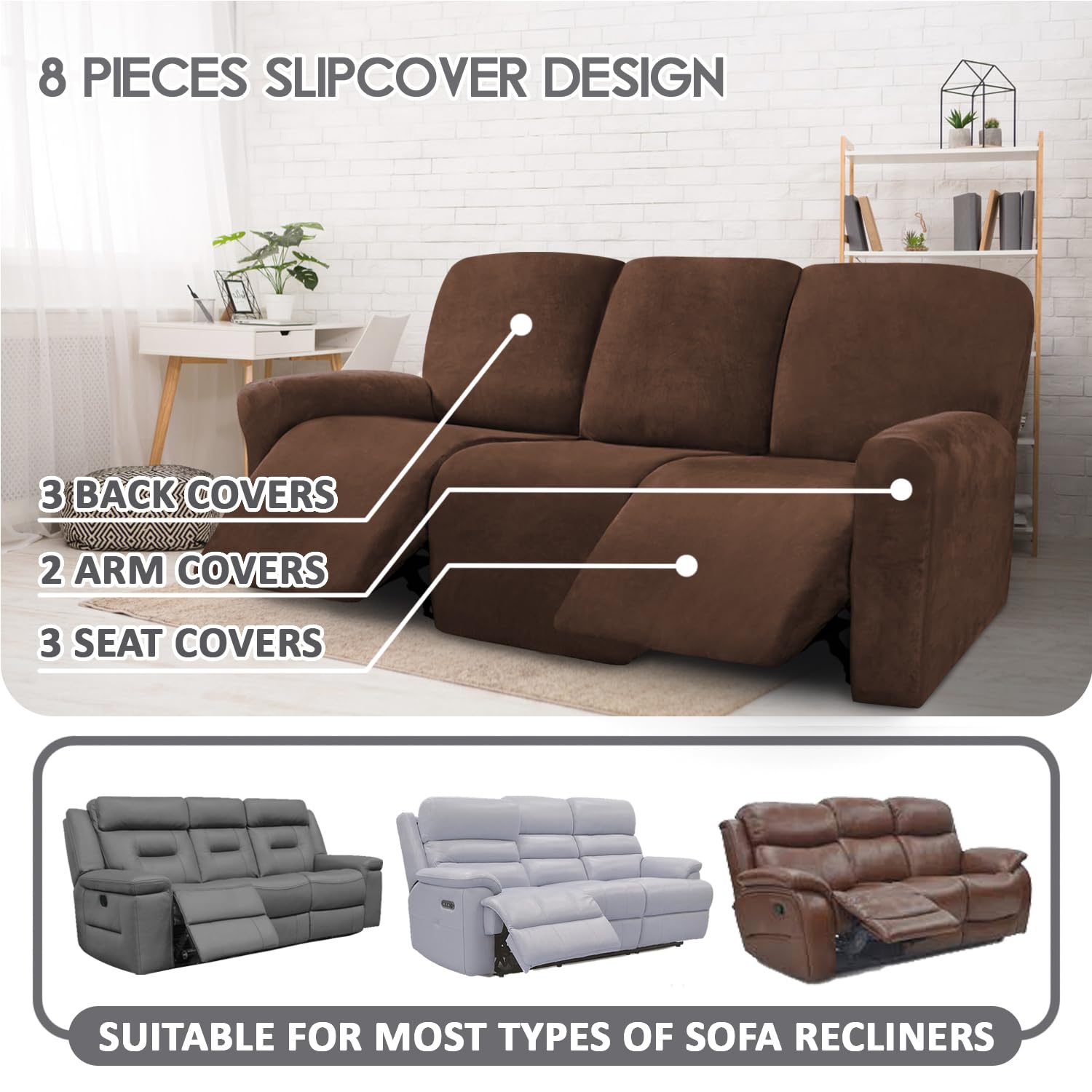 Ultimate Decor pokrowce na leżankę, aksamitne, rozciągliwe, na 3 poduszki, pokrowce na meble, grube, miękkie, nadające się do prania, czekoladowe