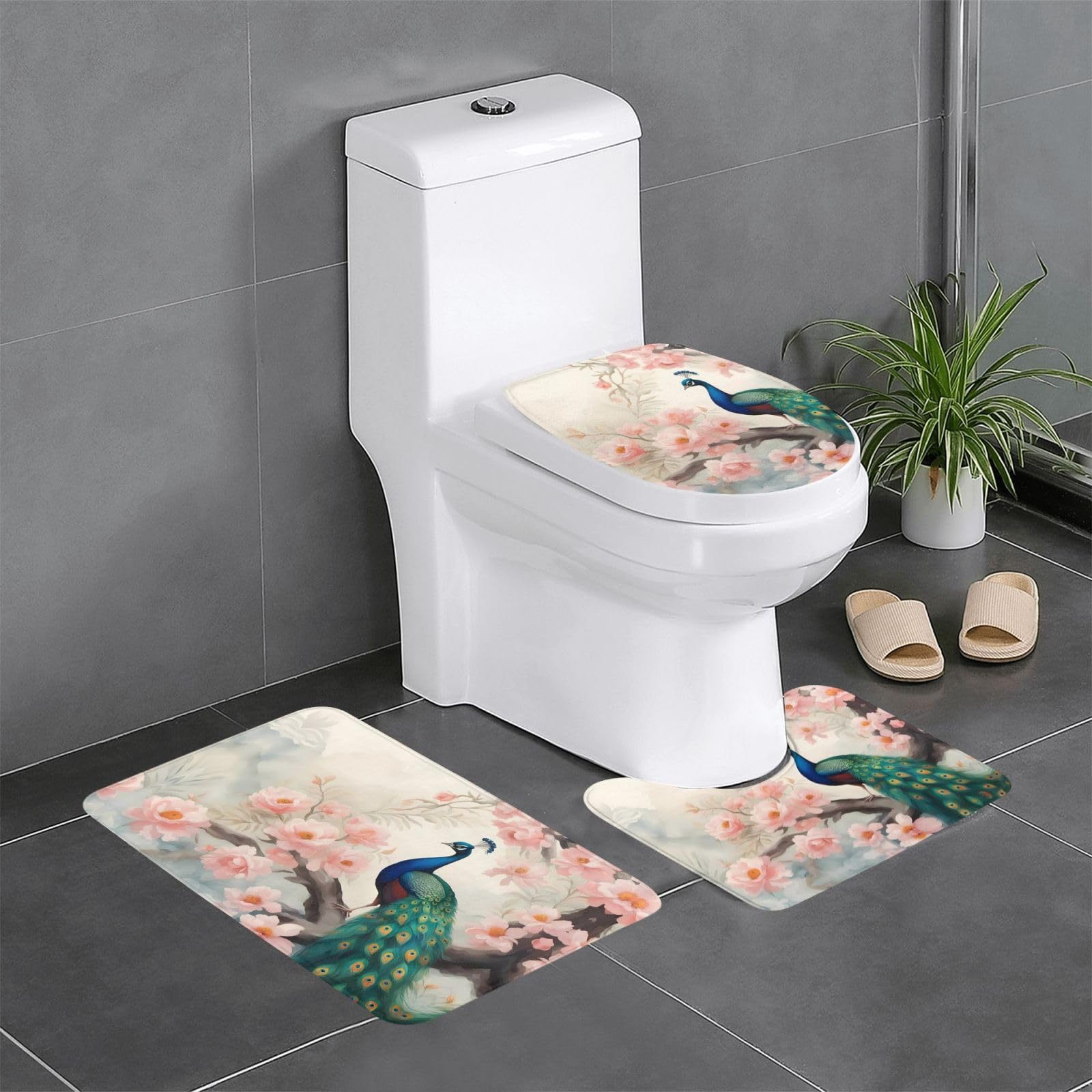 Tapis de salle de bain antidérapants lot de 3 avec motif paon floral pour toilettes et coiffeuse
