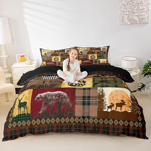 Juego de ropa de cama rústica de cabaña estilo cabaña, retazos, osos, ciervos, alces, funda de edredón para adultos y hombres, funda de edredón
