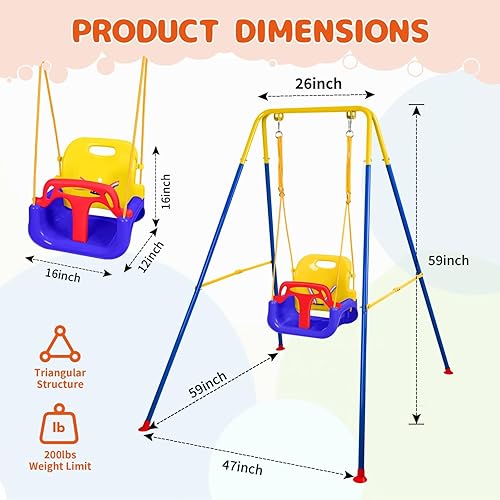 Miniatura 2 de Juego de columpios 3 en 1 para niños pequeños, juego de columpios para bebé con soporte de metal plegable para jugar al aire libre e interior, Azul
